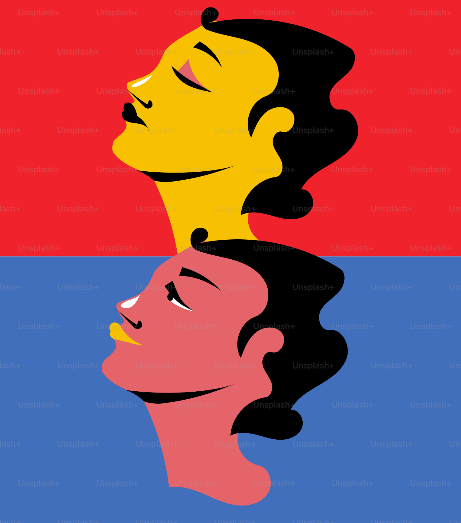 Two stylized profiles of women on a split background
