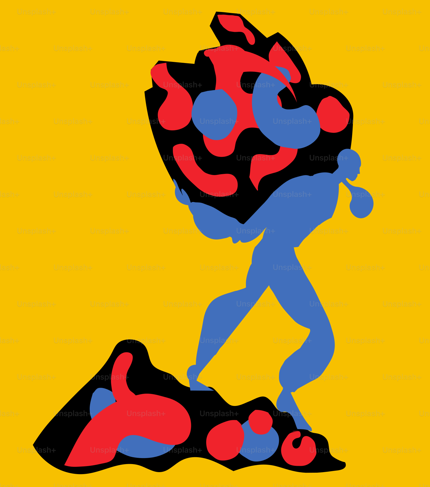 Abstrakte blaue Figur, die einen farbenfrohen Felsen auf gelbem Hintergrund trägt