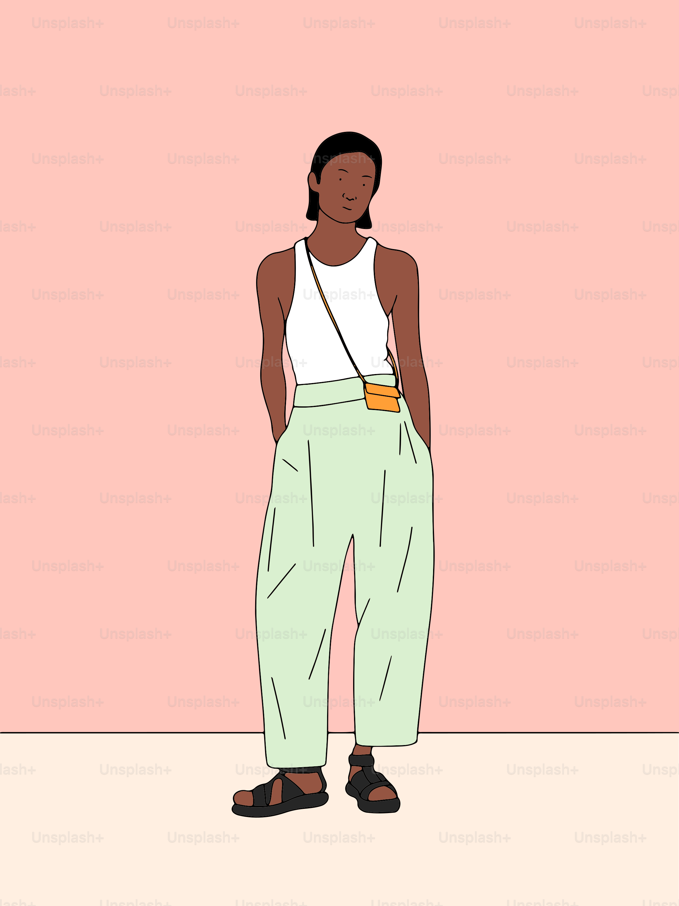 A woman standing in front of a pink wall