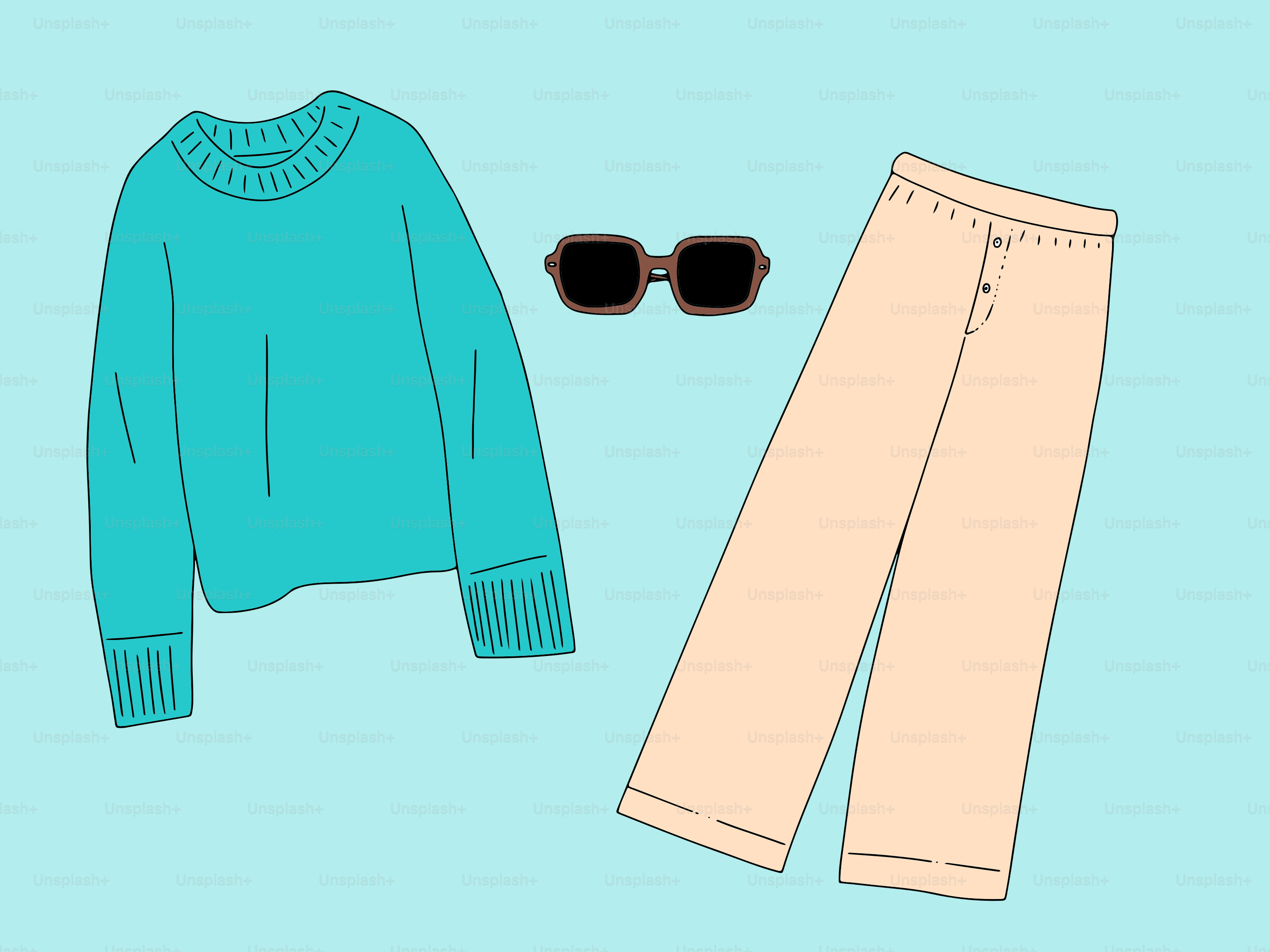 A teal sweater, sunglasses, and tan pants on light blue.