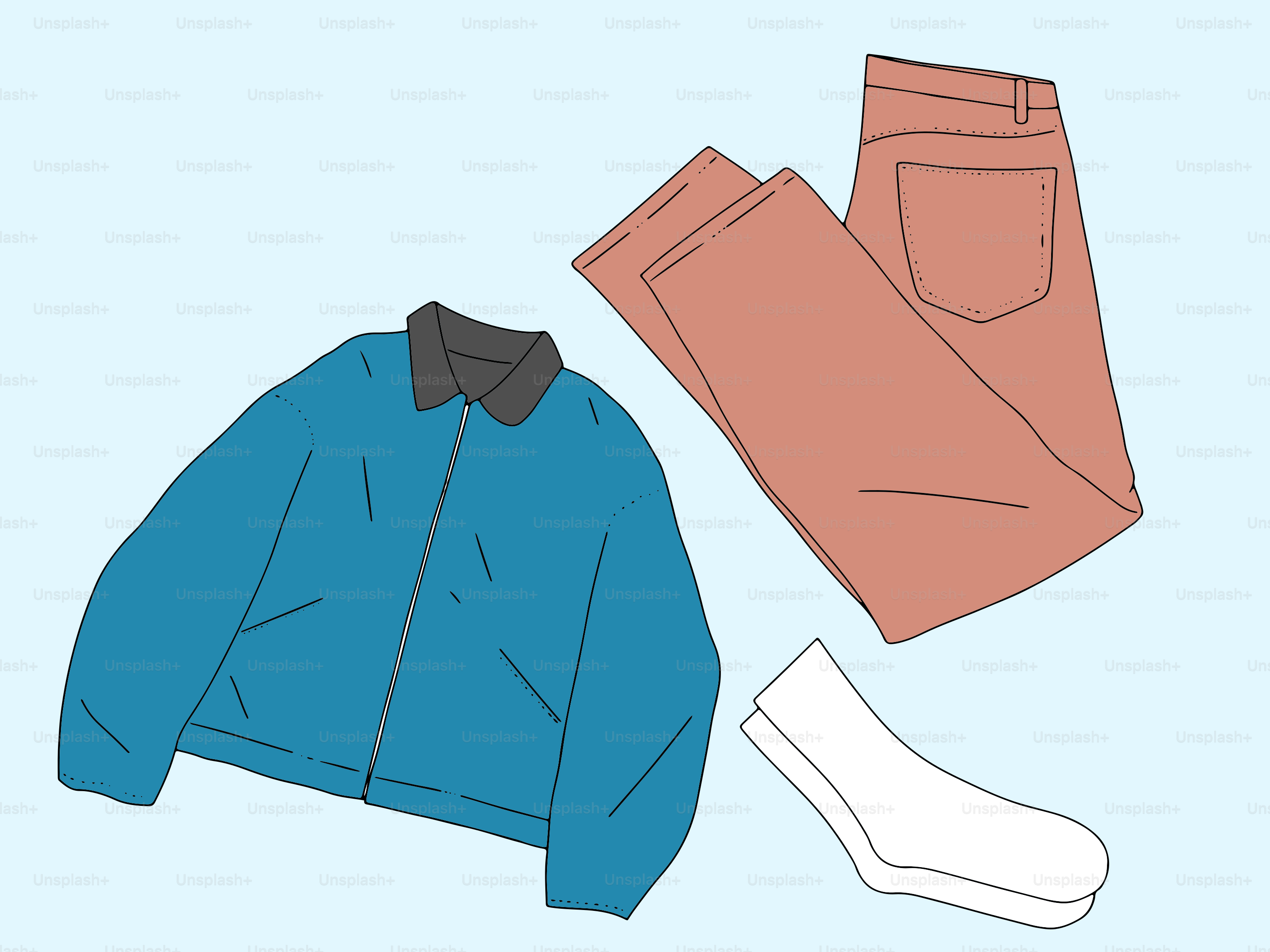 Blue jacket, salmon pants, and white socks laid out.