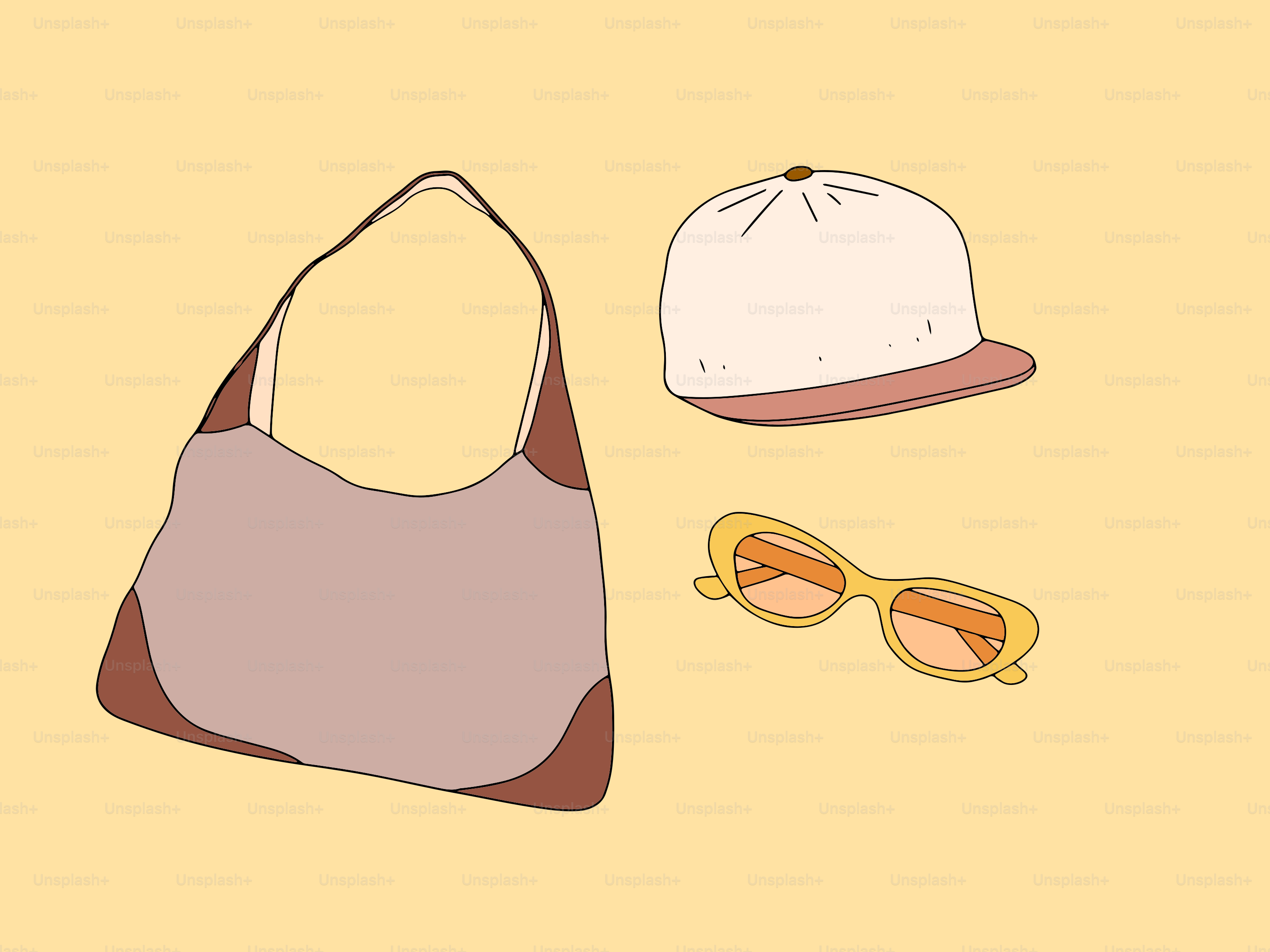 A picture of a hat, sunglasses, and a purse