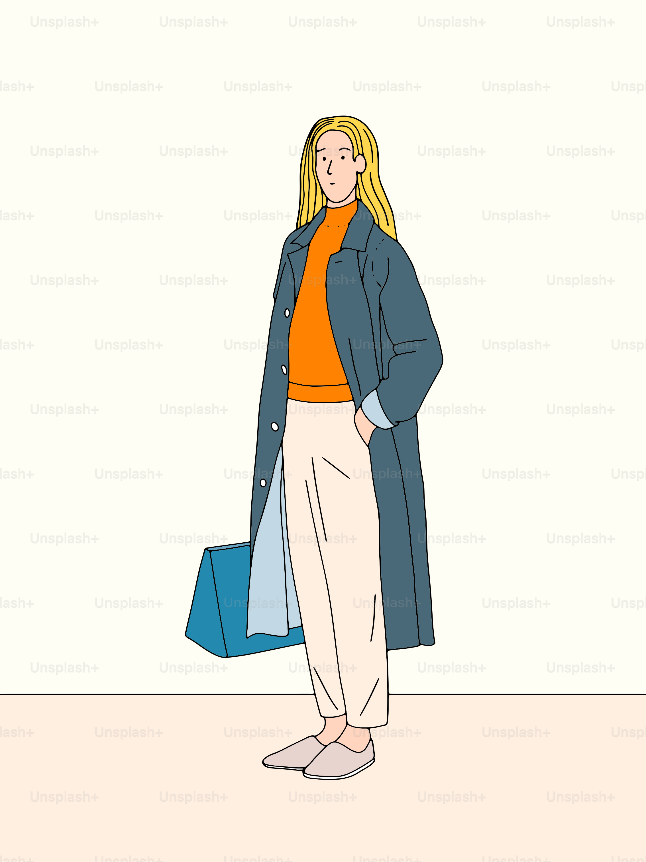 A woman in a coat holding a blue bag