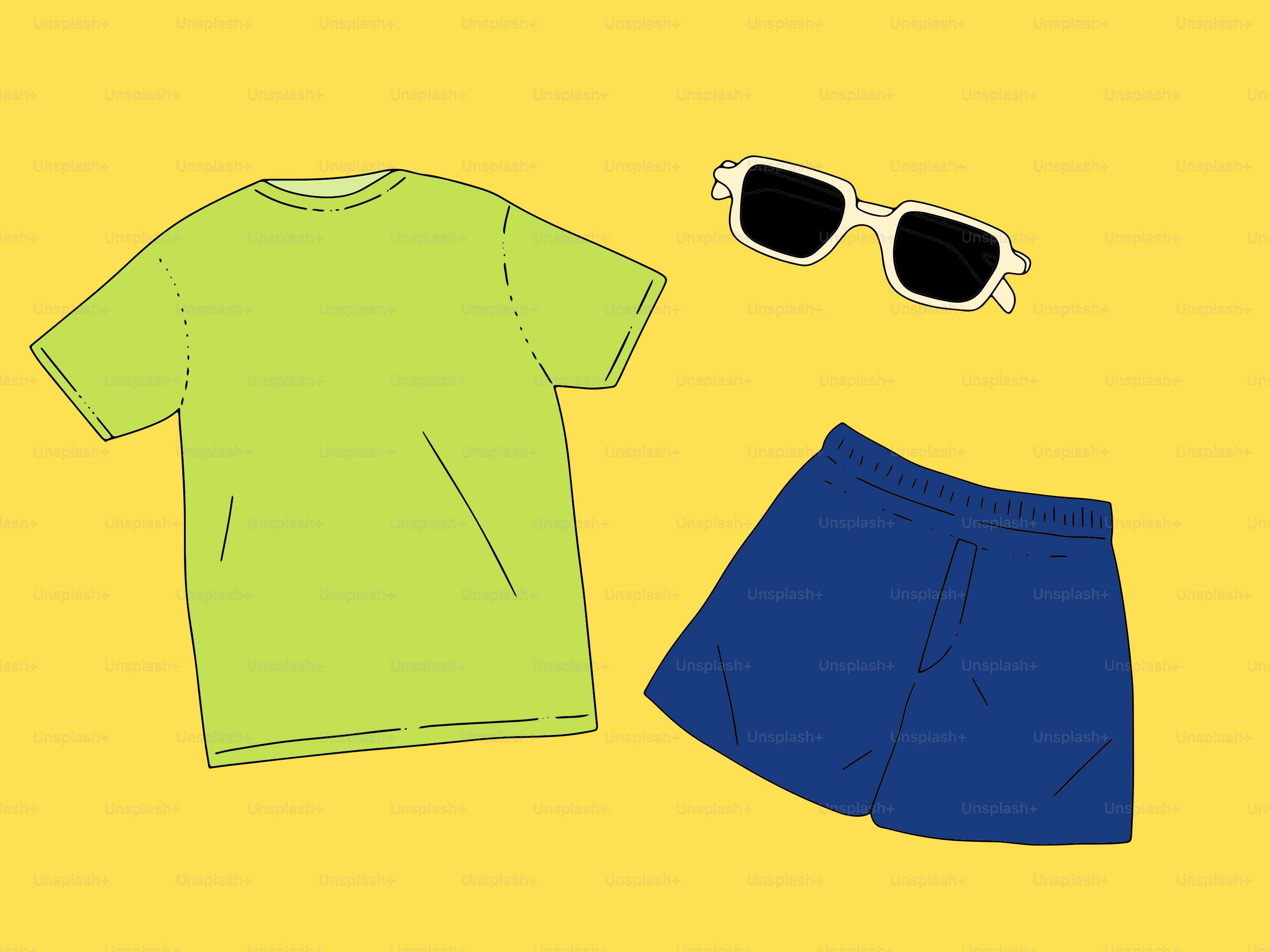 Green t-shirt, blue shorts, and sunglasses on yellow background