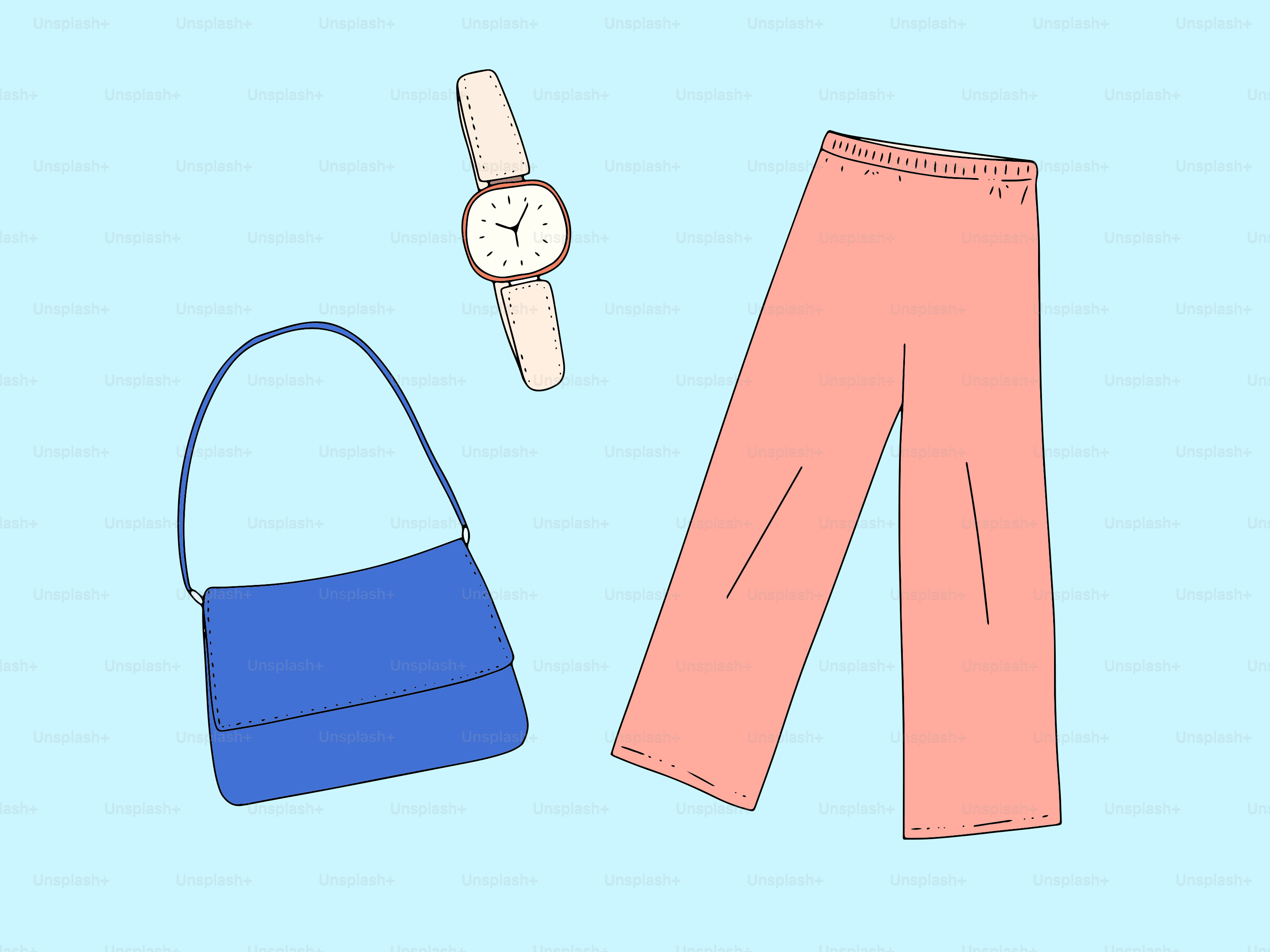 Blue handbag, pink pants, and watch on blue background