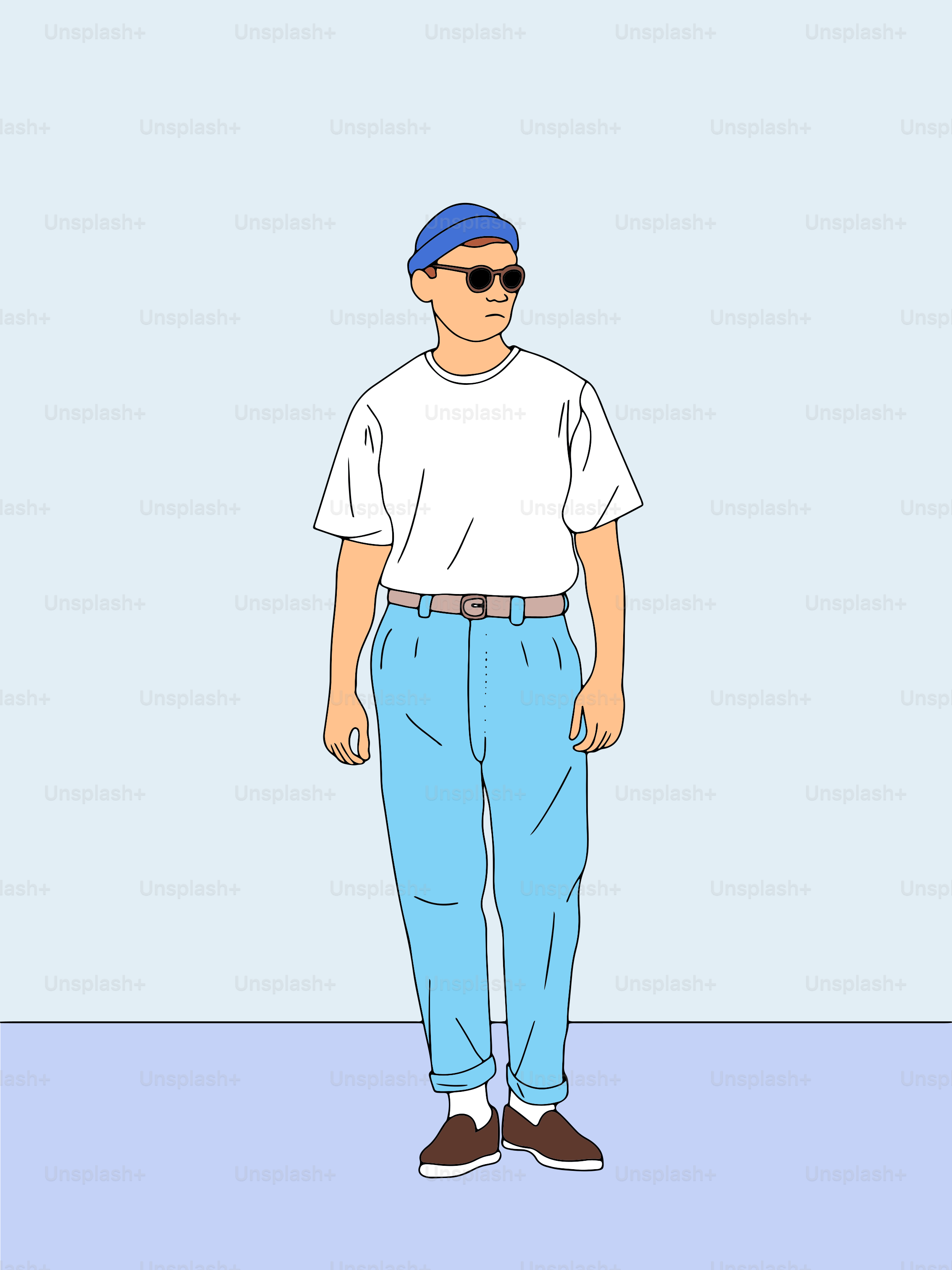 Man in blue beanie, sunglasses, and light blue pants.
