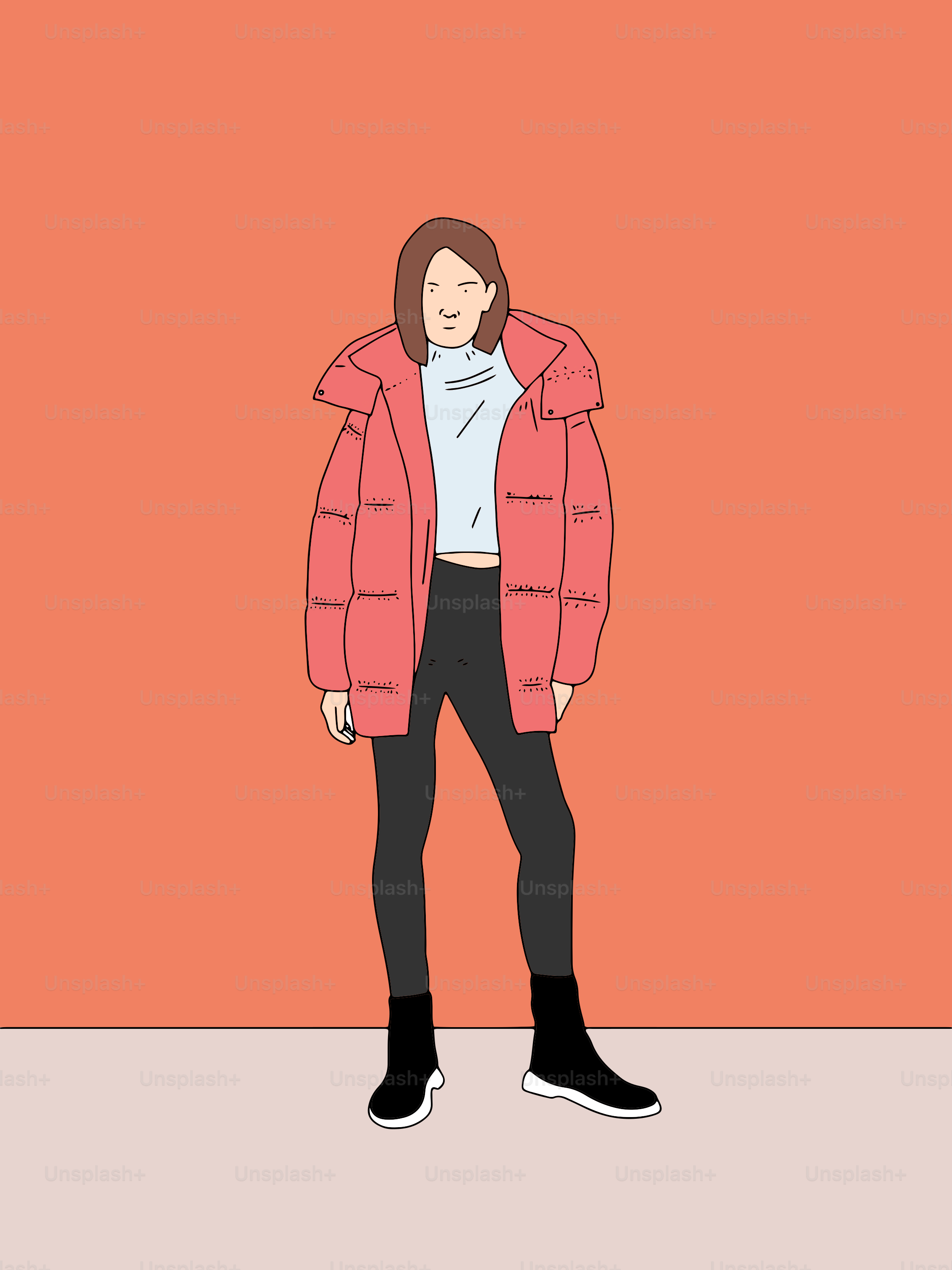 Woman in a pink puffer jacket and black leggings
