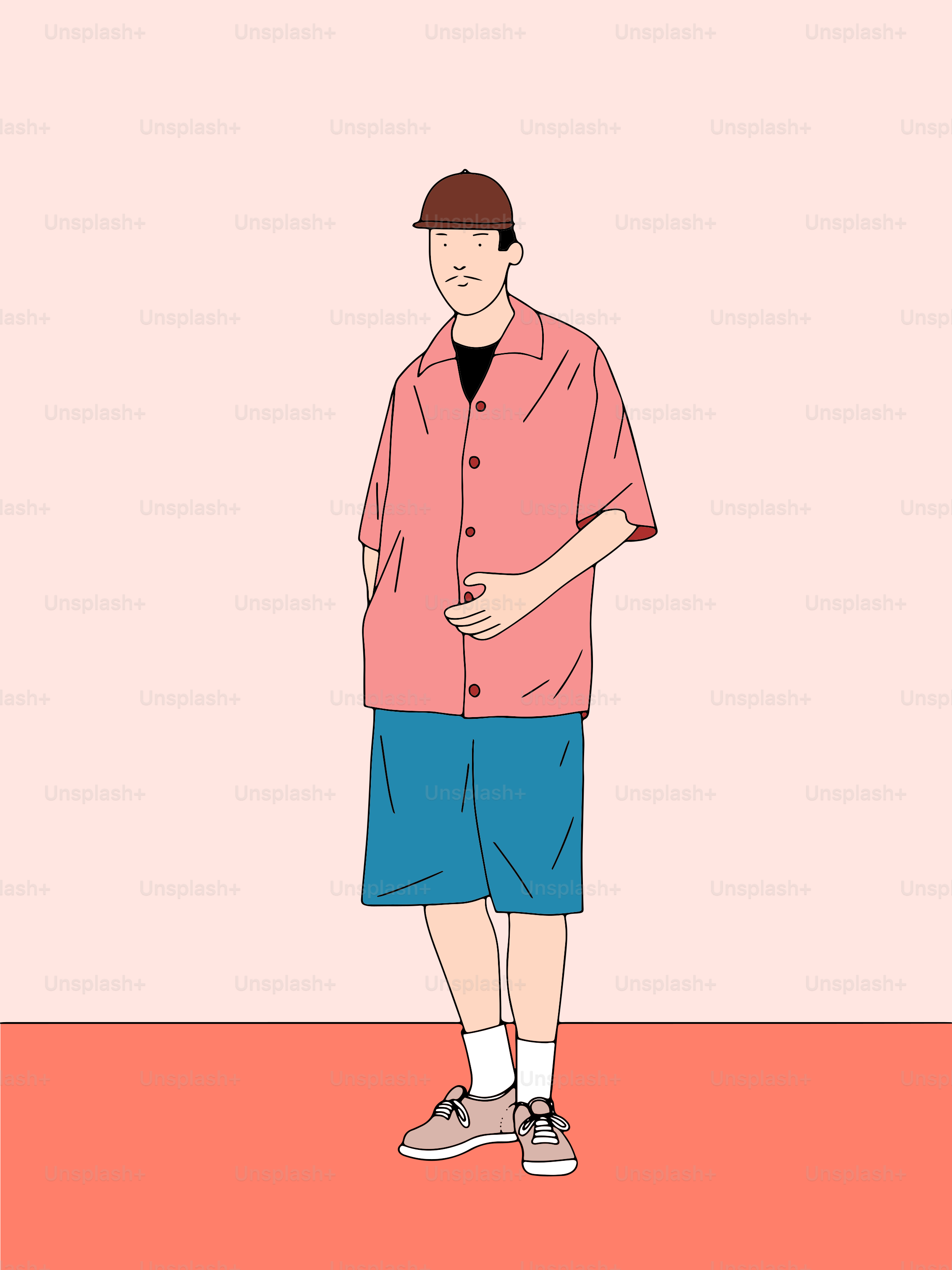 Man in pink shirt and blue shorts with baseball cap.