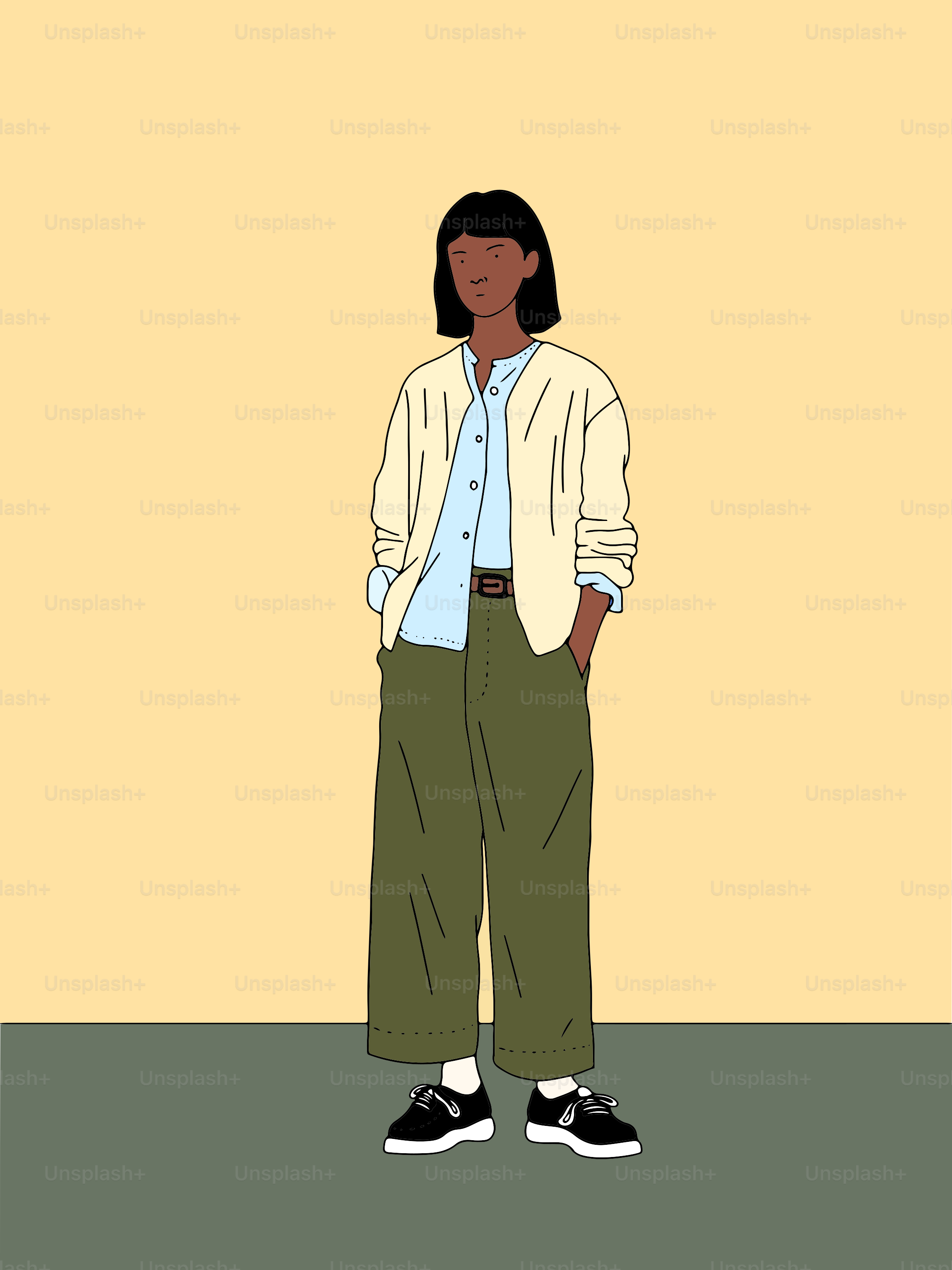 Eine Frau, die vor einer gelben Wand steht