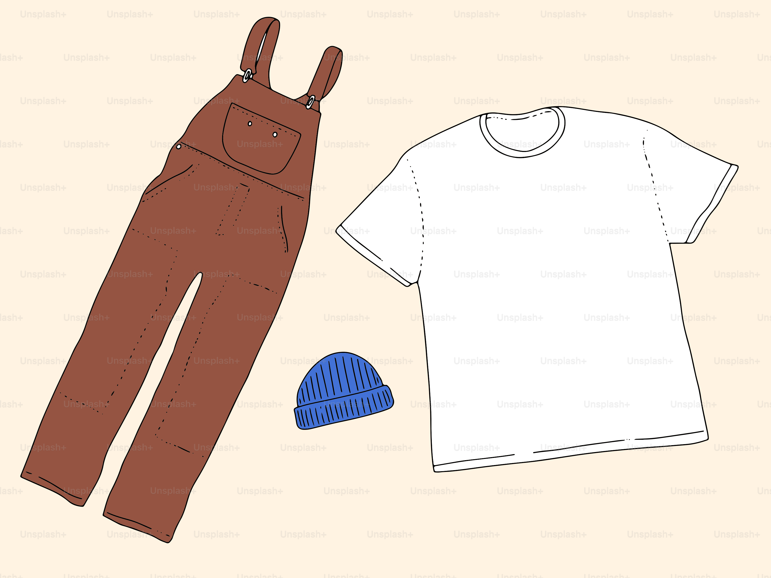 Brown overalls, white t-shirt, and blue beanie