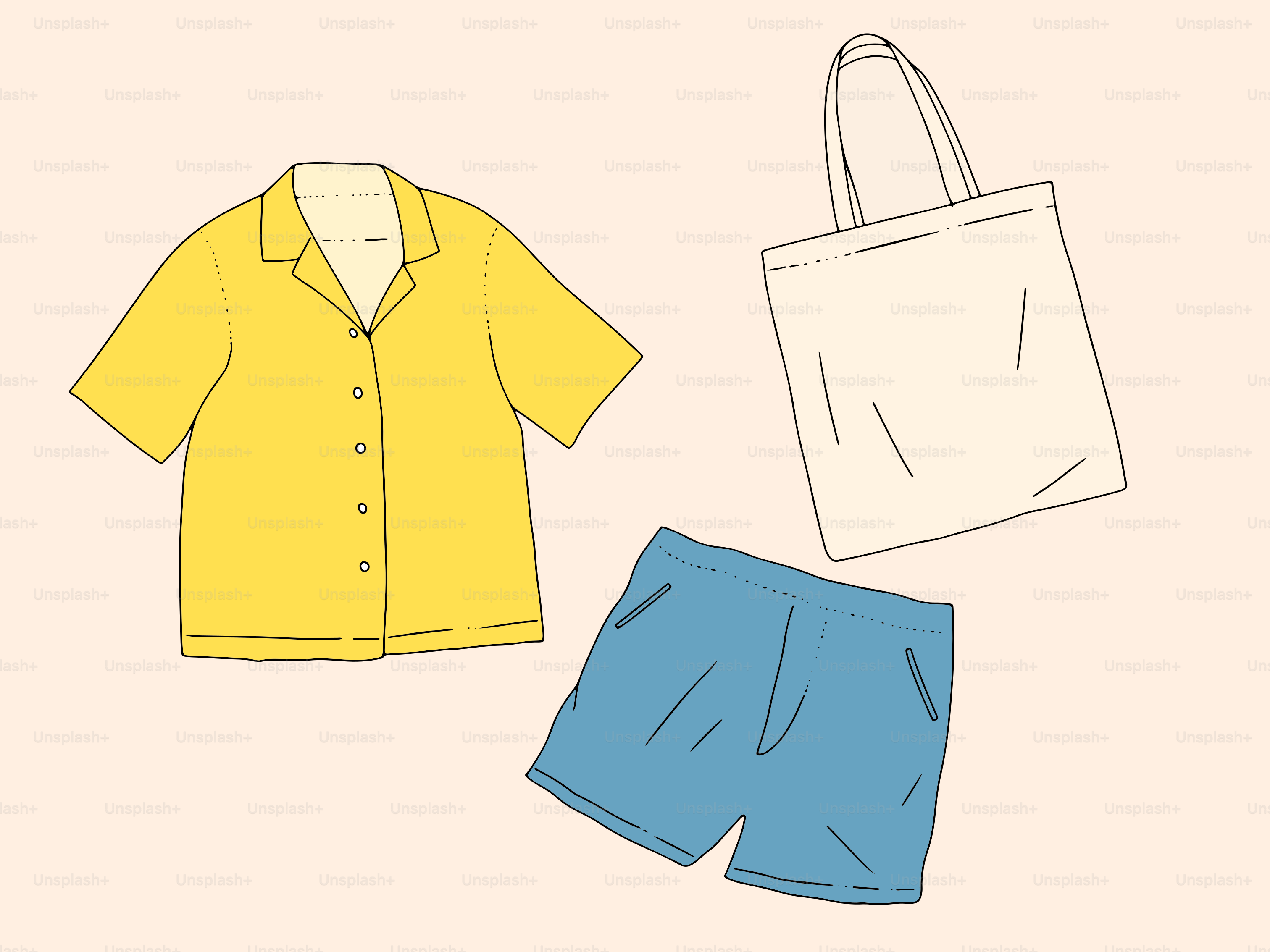 Yellow shirt, blue shorts, and canvas tote bag.