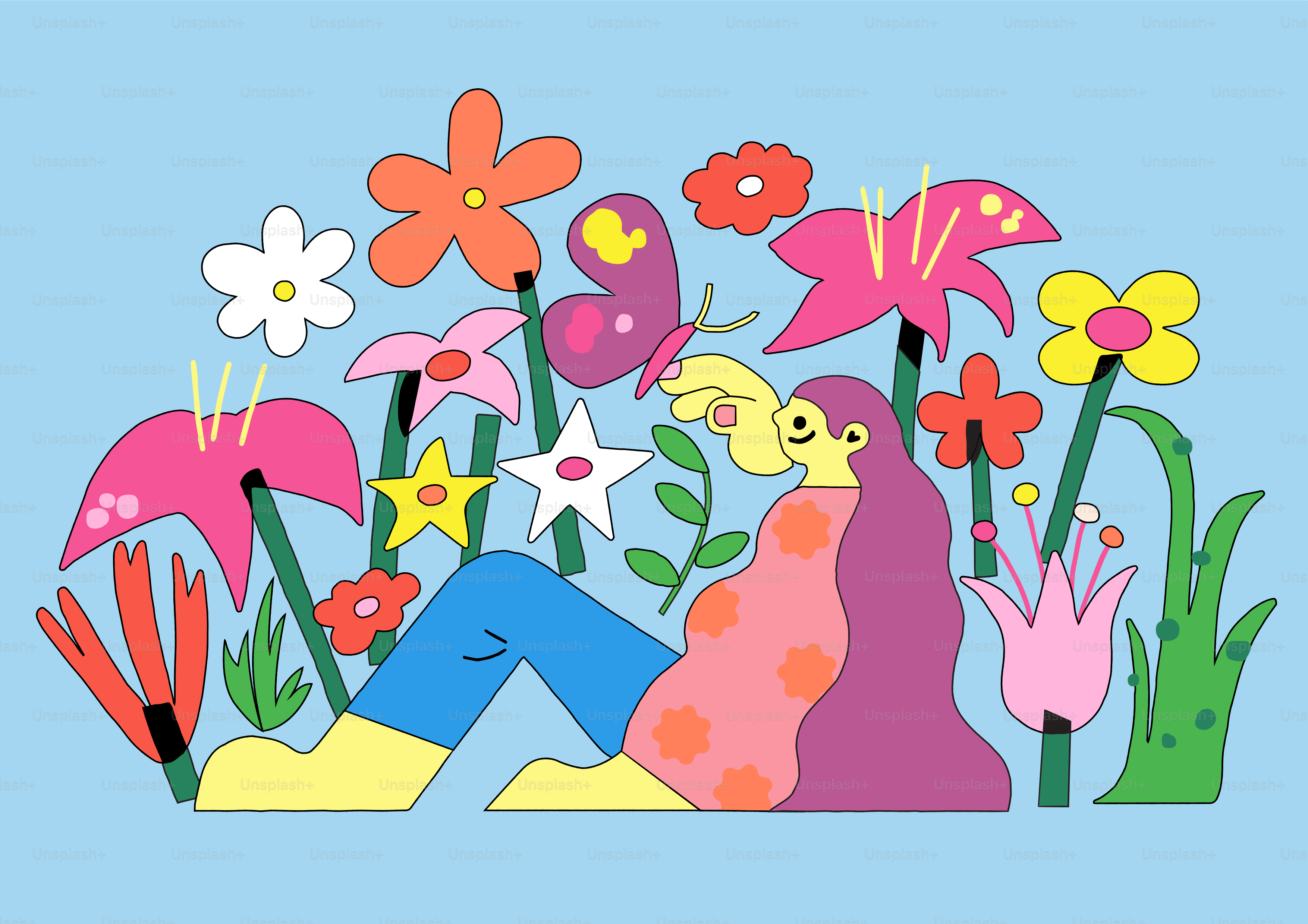 a drawing of a person sitting in a field of flowers