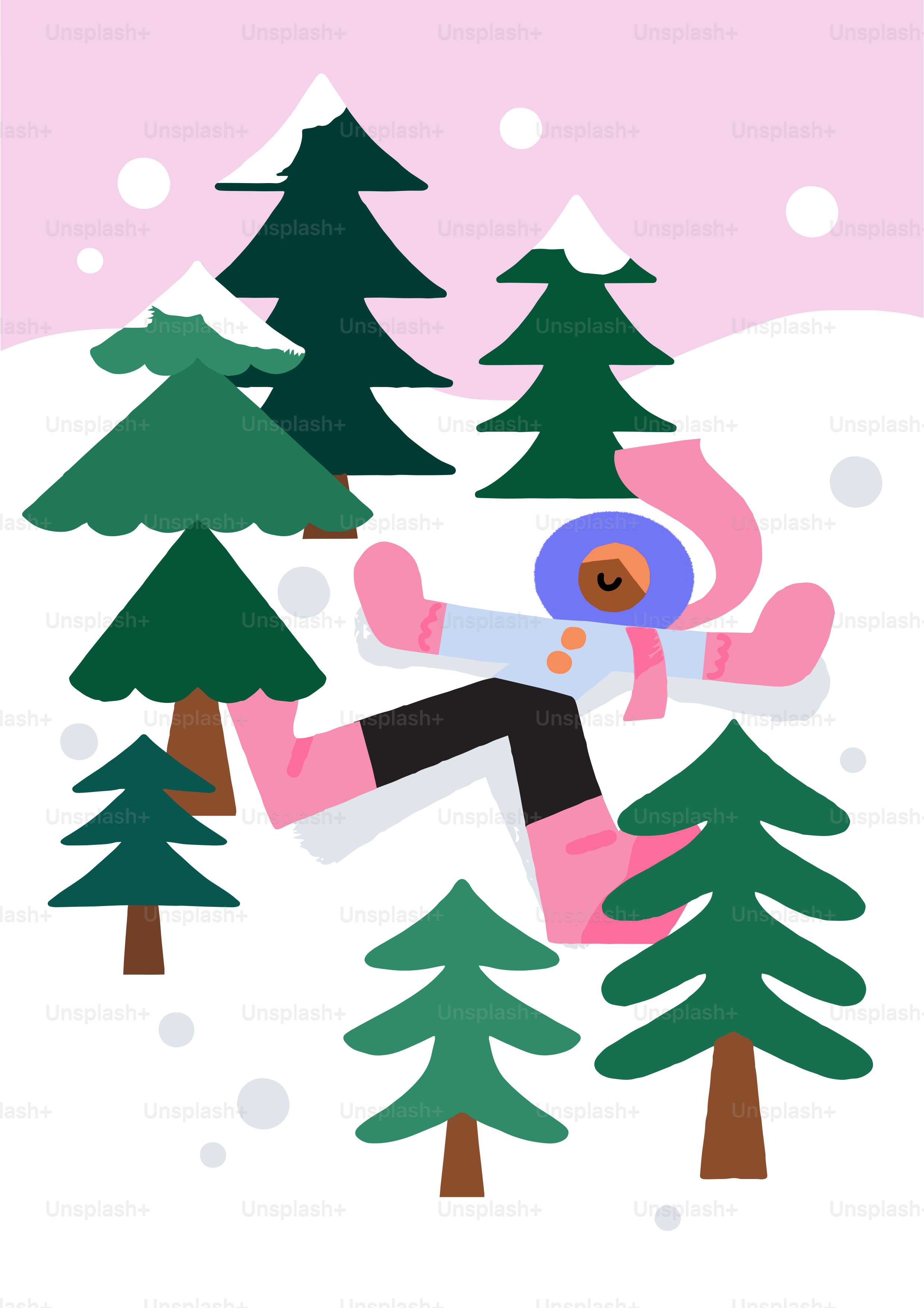 Person, die Schneeengel zwischen Kiefern baut