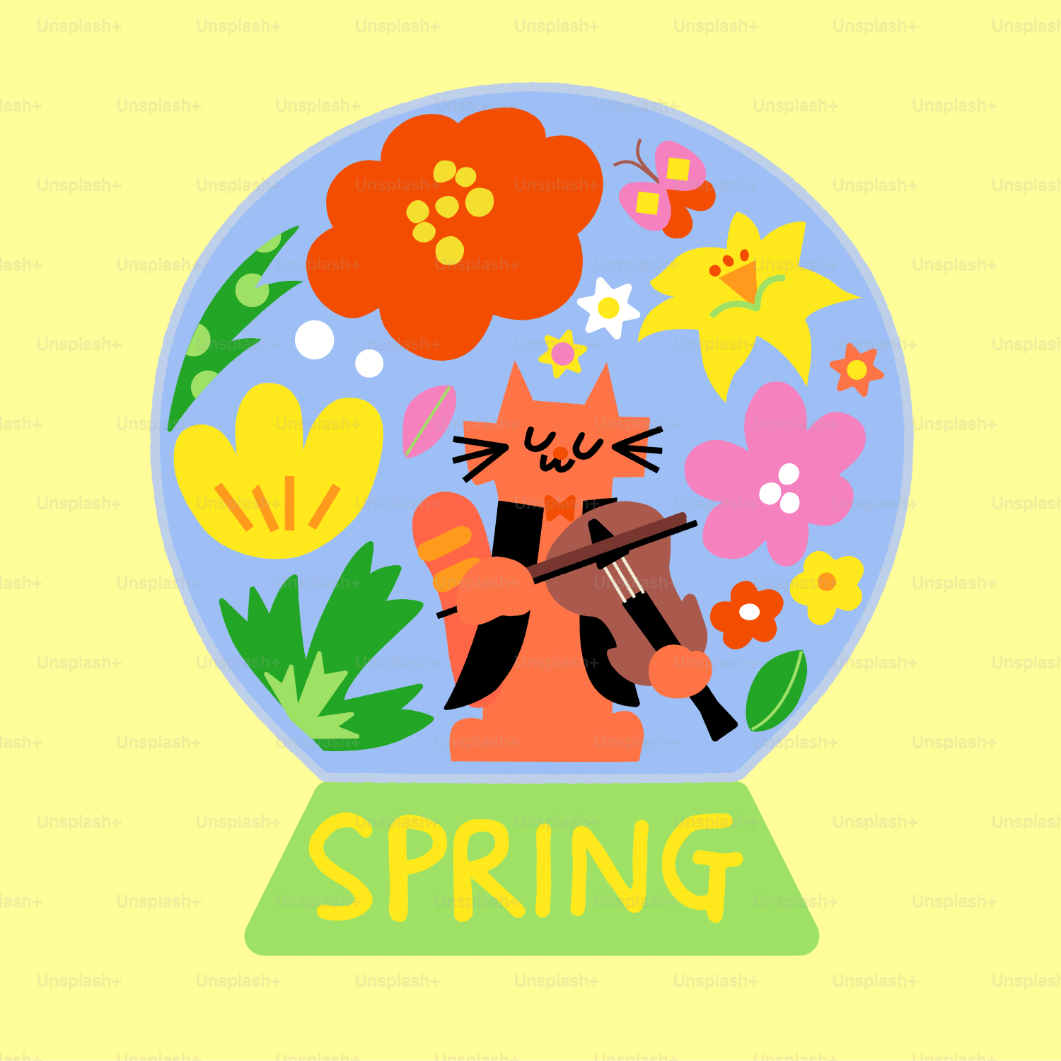 猫が花のついたスノーグローブの中でバイオリンを弾いています。