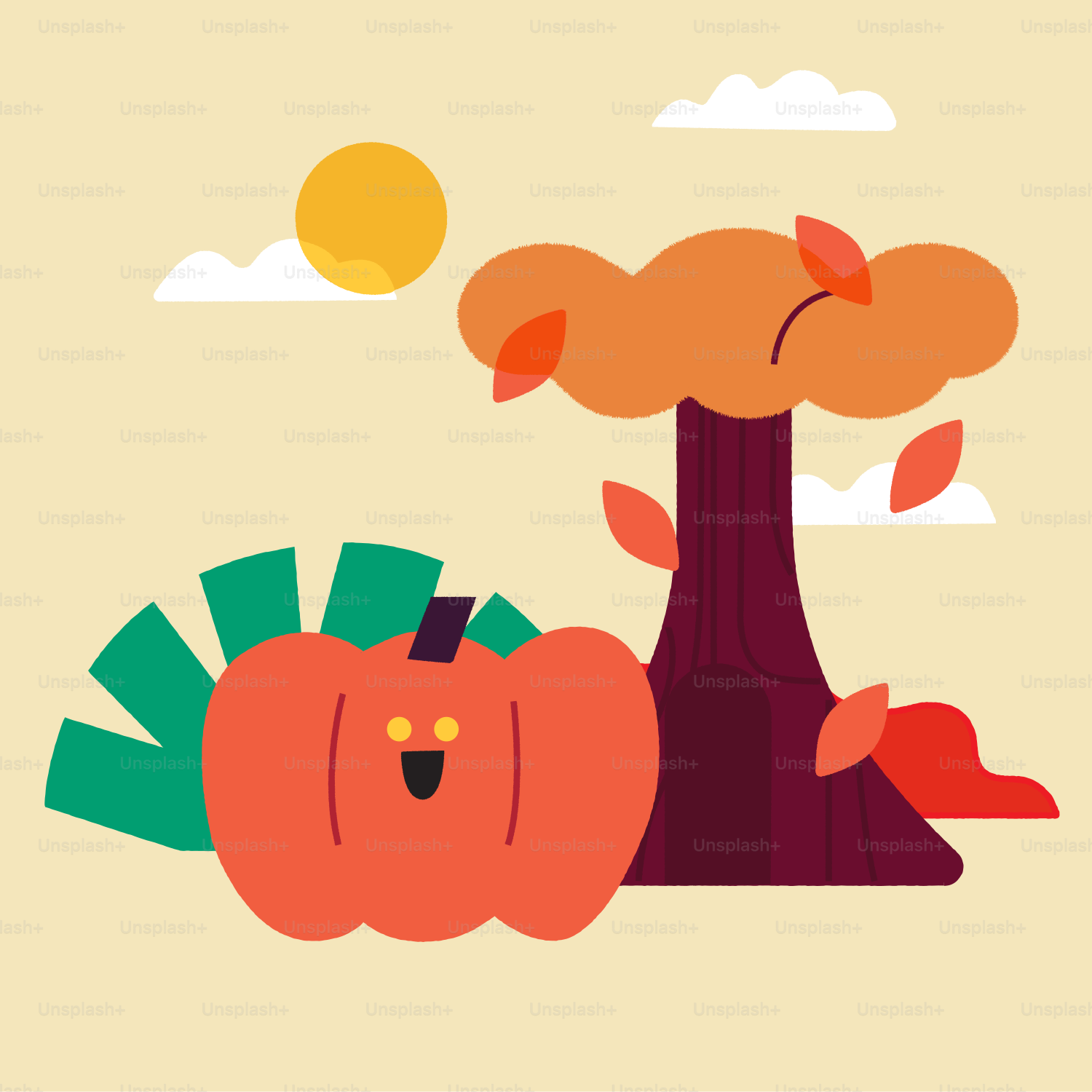 A cheerful pumpkin and autumn tree under the sun