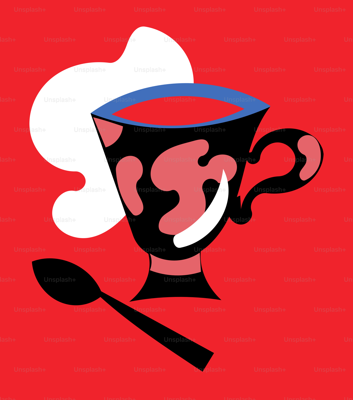 A stylized cup of tea with a spoon and splash.