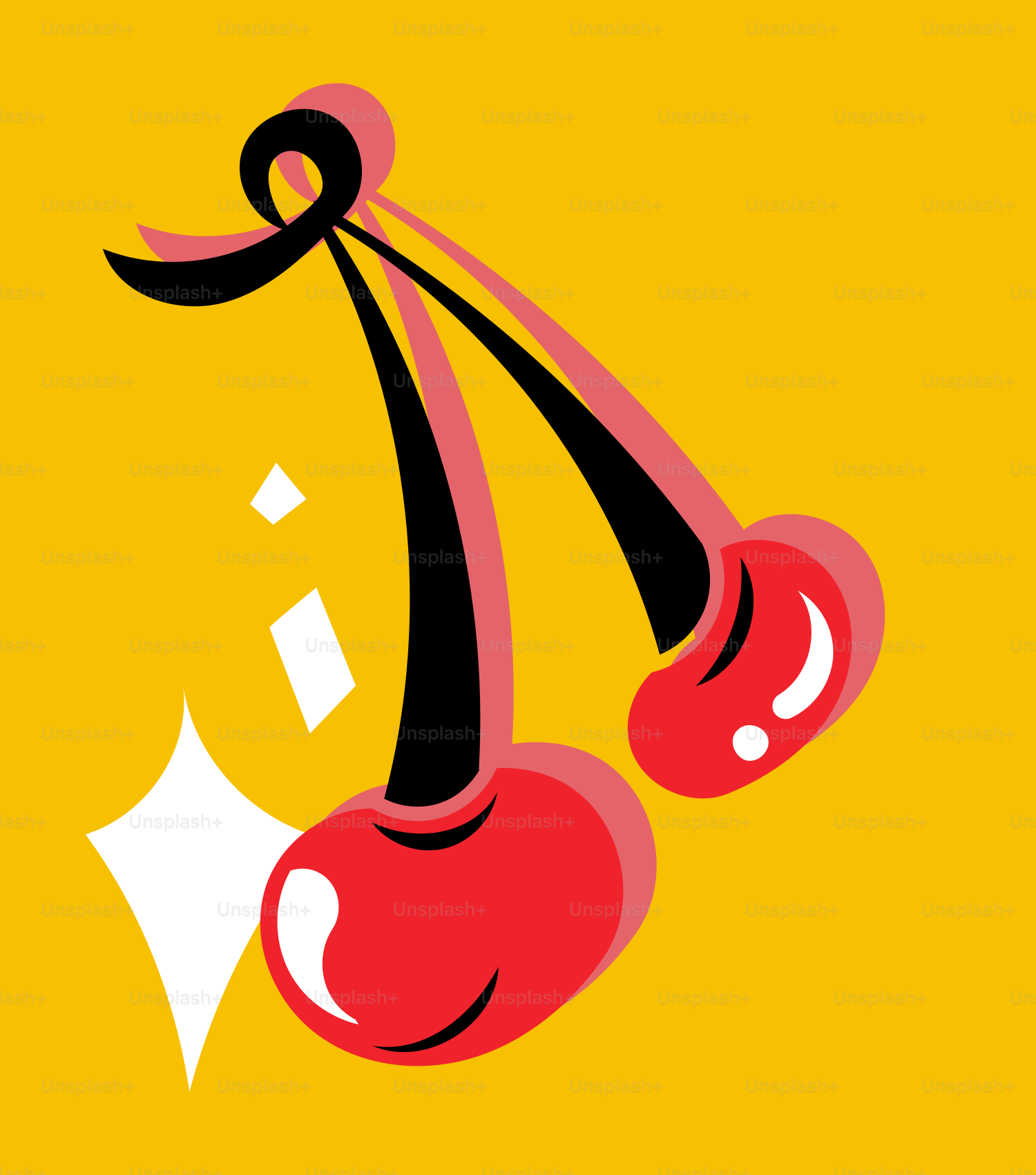 Two stylized cherries with stems on yellow background.