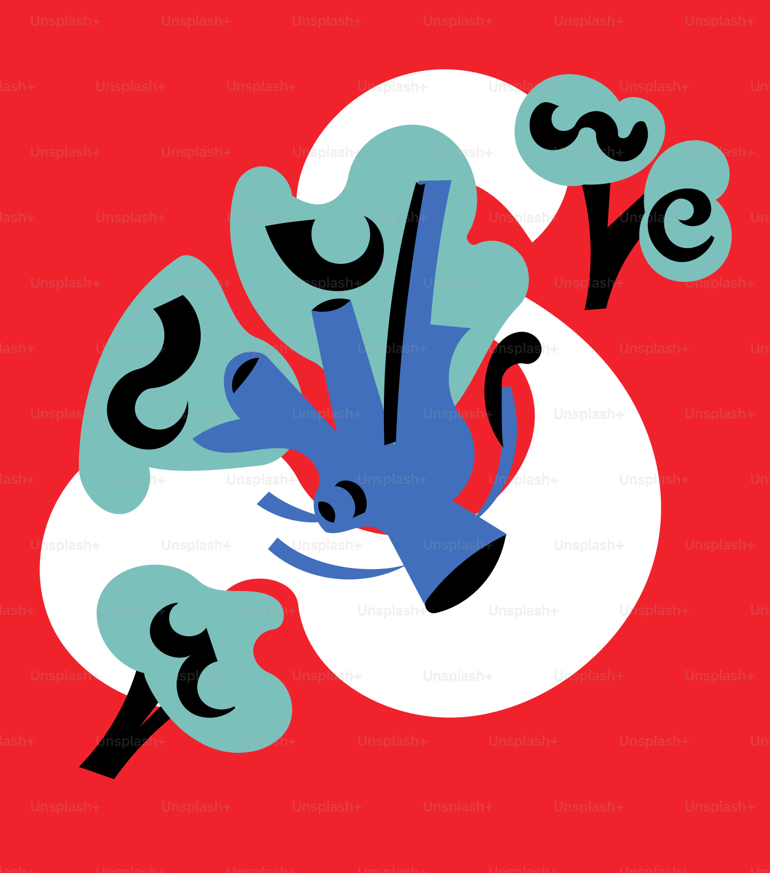 Abstract blue broccoli on red background with white swirls