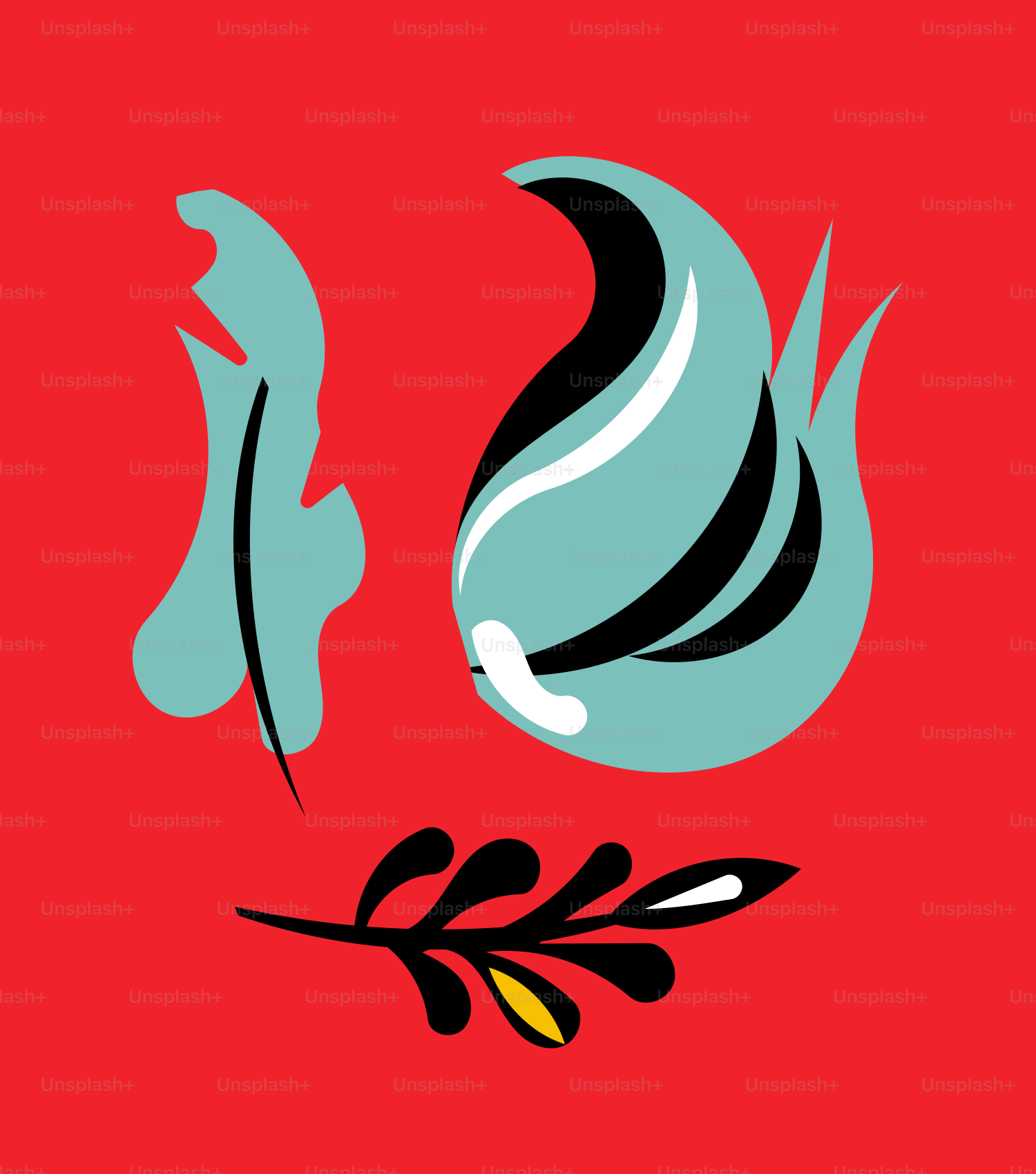 Abstract blue shapes and black branch on red