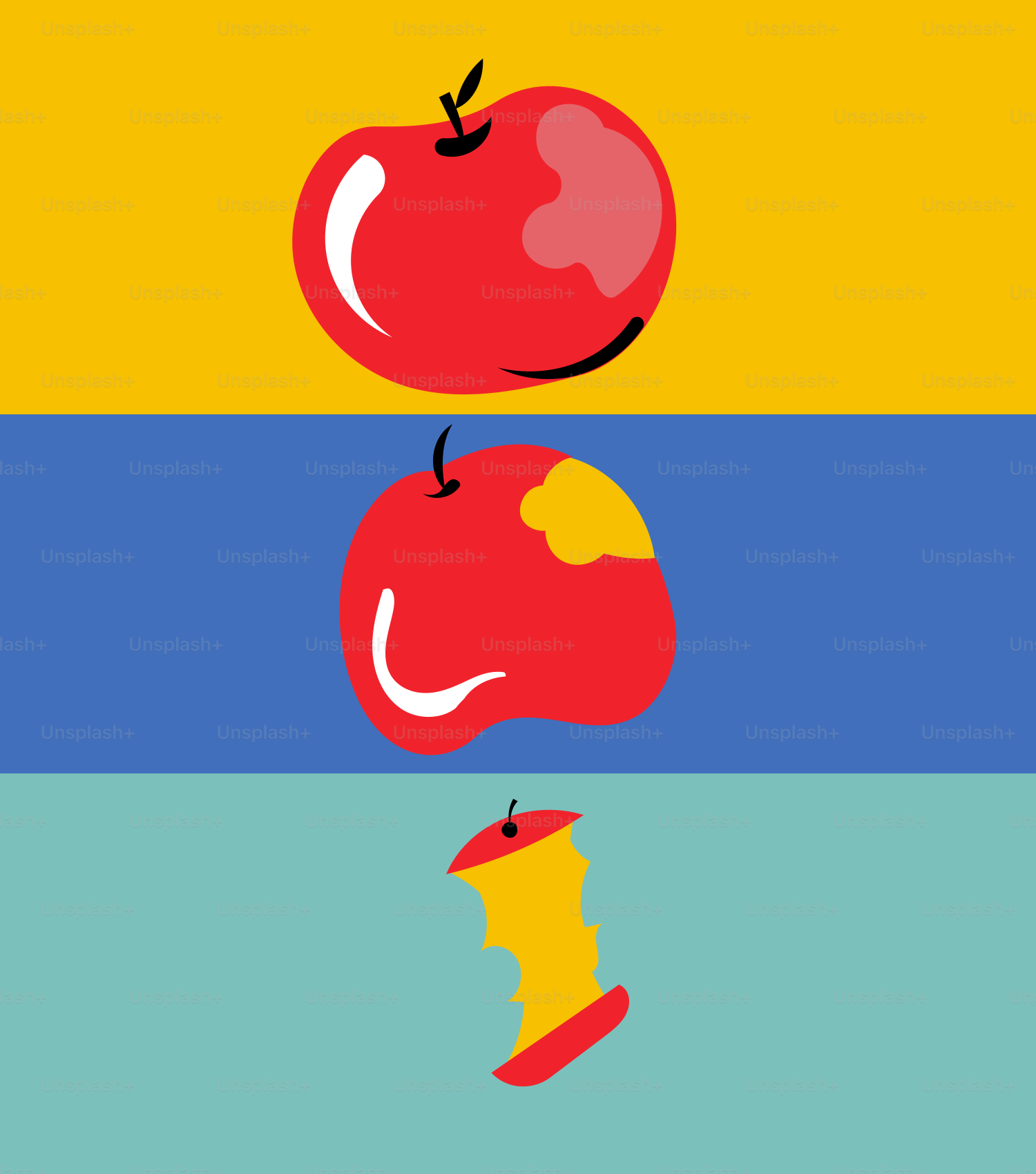 カラフルな背景に異なる段階の3つのリンゴ