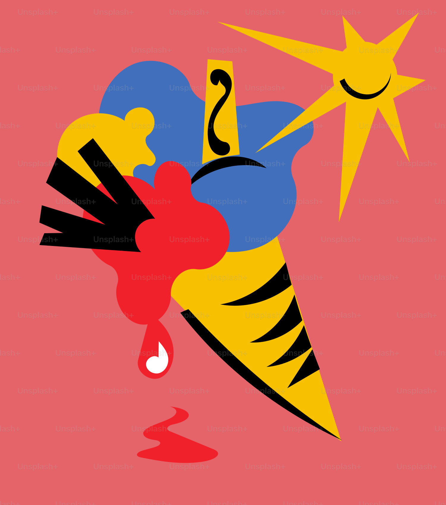 Abstract ice cream cone with melting drips and sun.