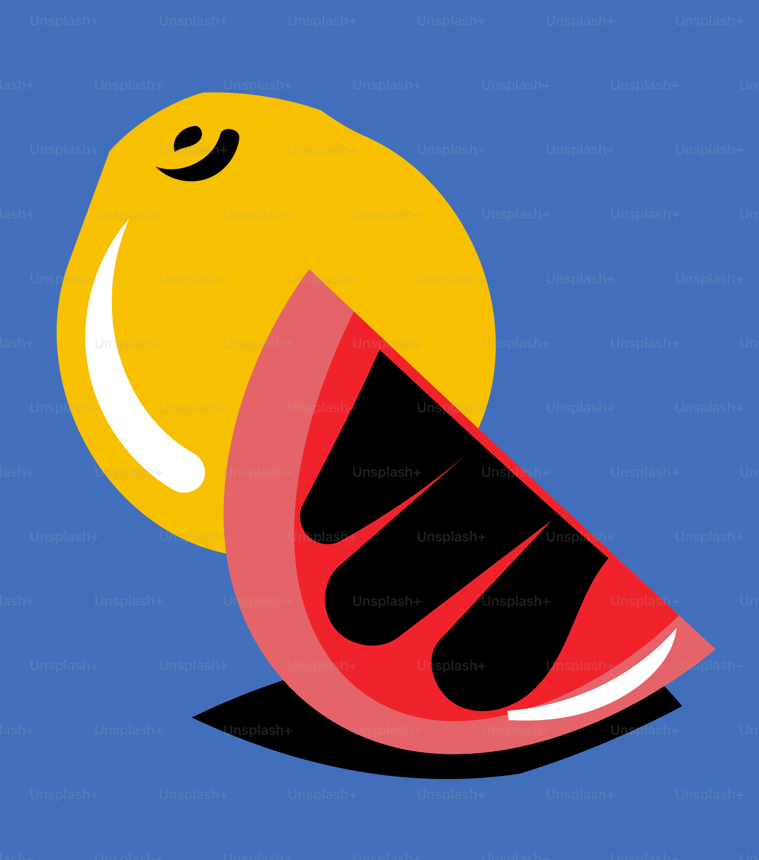 A stylized yellow fruit with a slice of watermelon