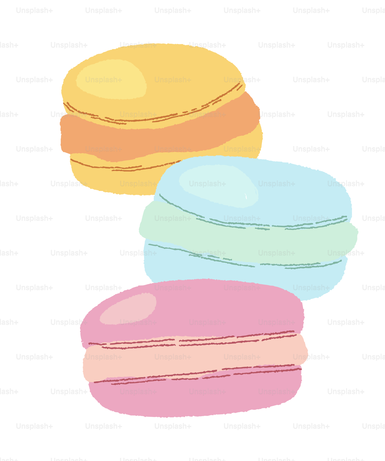 Three colorful macarons stacked on a white background