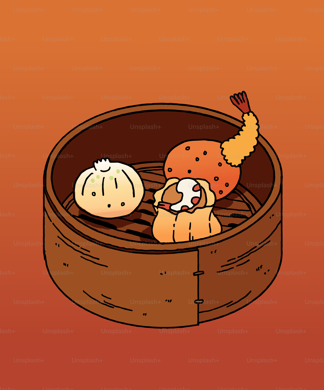 Assortment of dim sum in a bamboo steamer basket