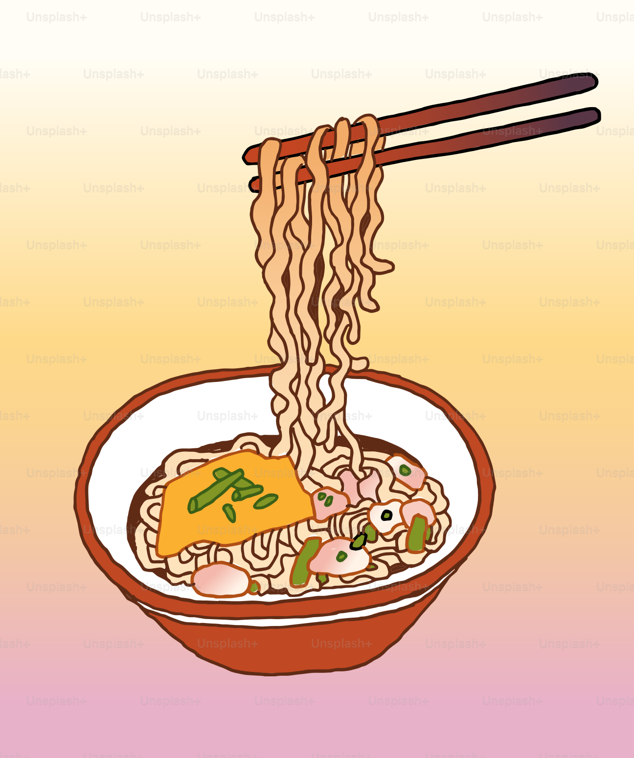 Essstäbchen, die Nudeln aus einer Schüssel Ramen heben.