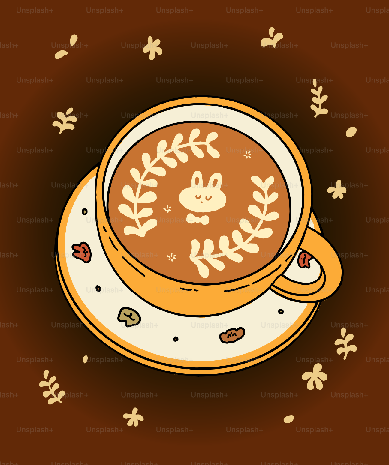 A cute bunny face drawn on coffee with floral accents.