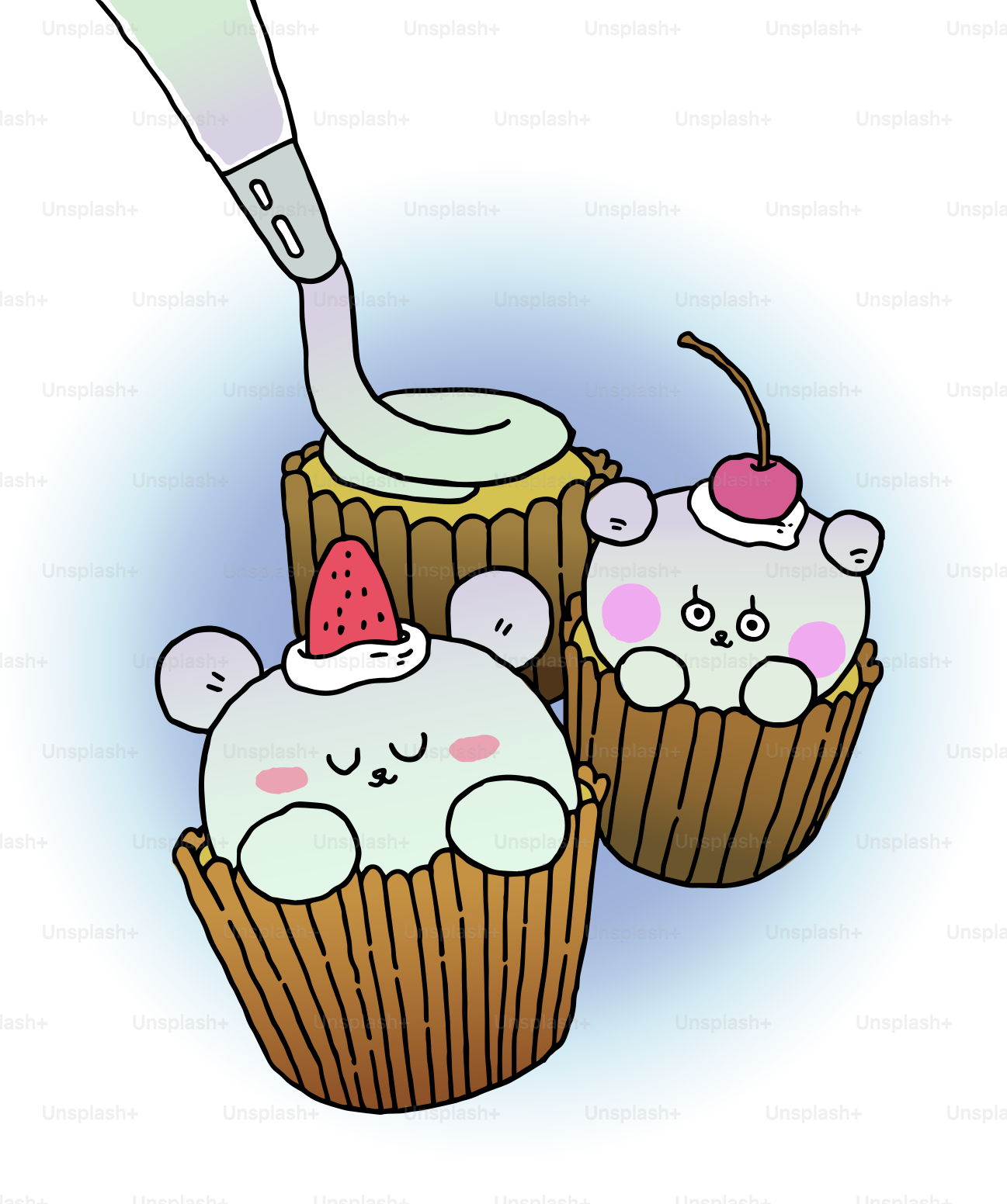 Süße Bären-Cupcakes, die mit Zuckerguss und Obst dekoriert sind.