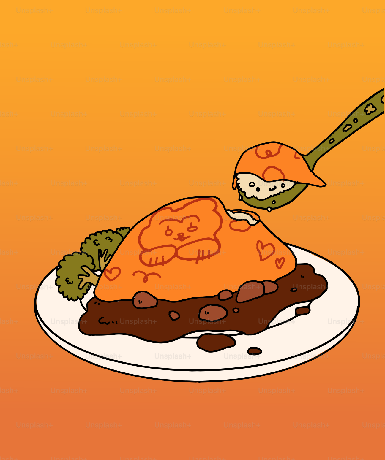 A cute cat-shaped omelet with rice and curry.