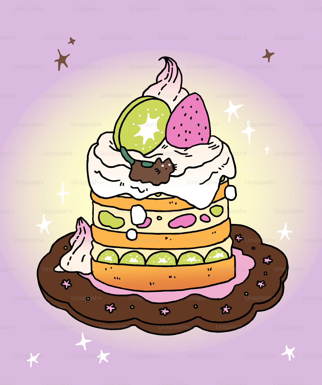 A whimsical cake with fruit and frosting