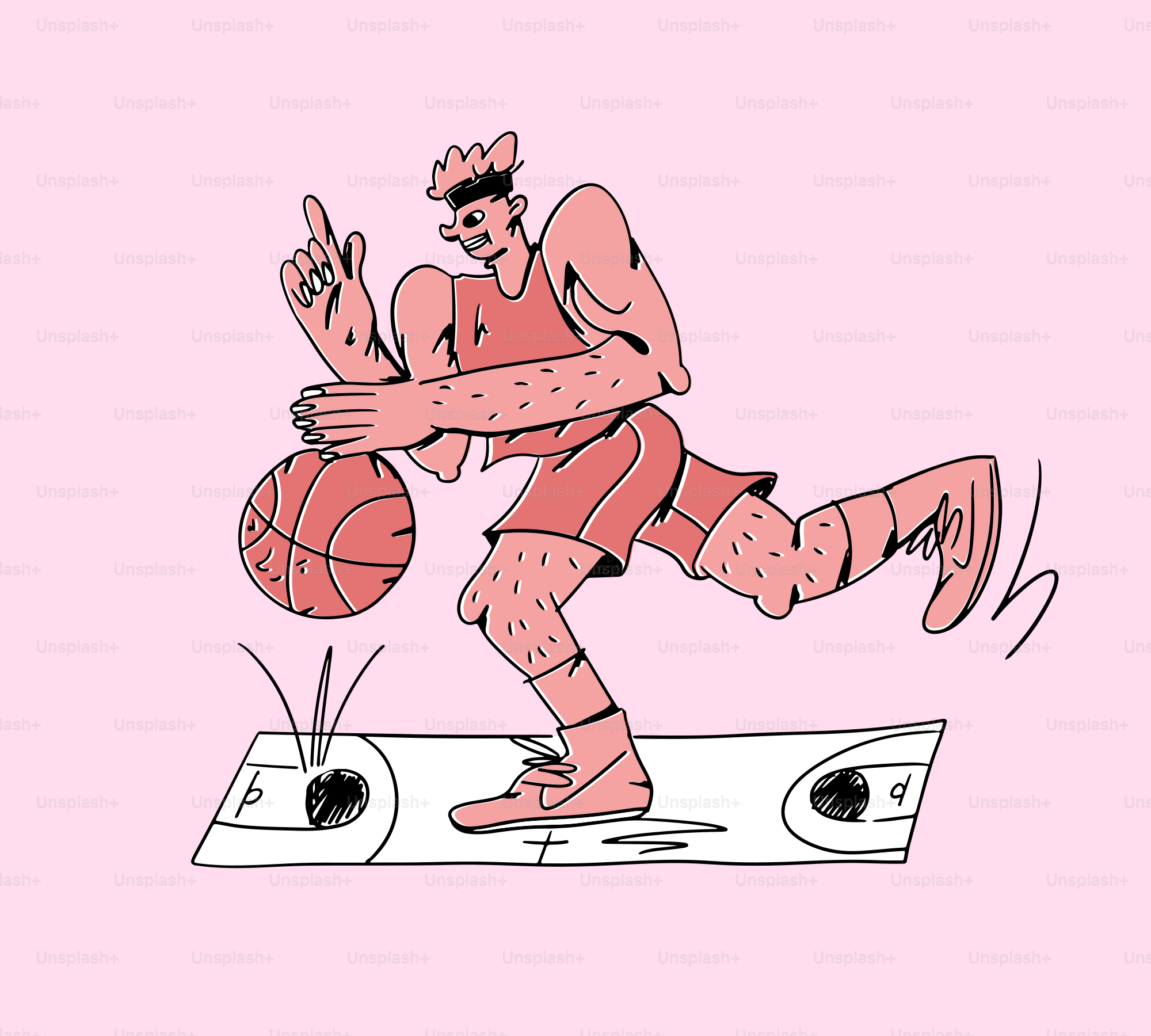 A stylized basketball player dribbling on a court.