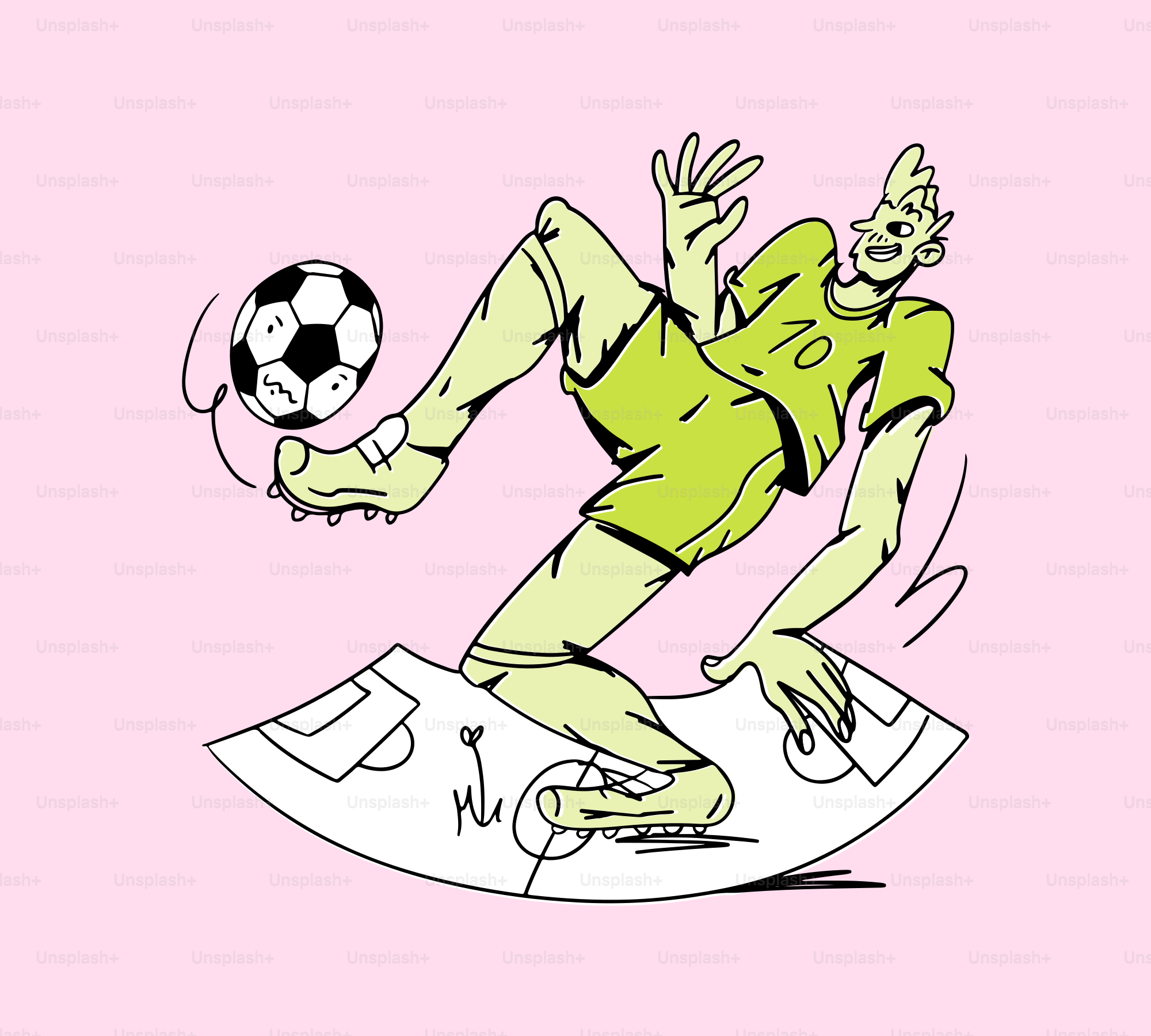 A cartoon soccer player juggles a ball on a field.
