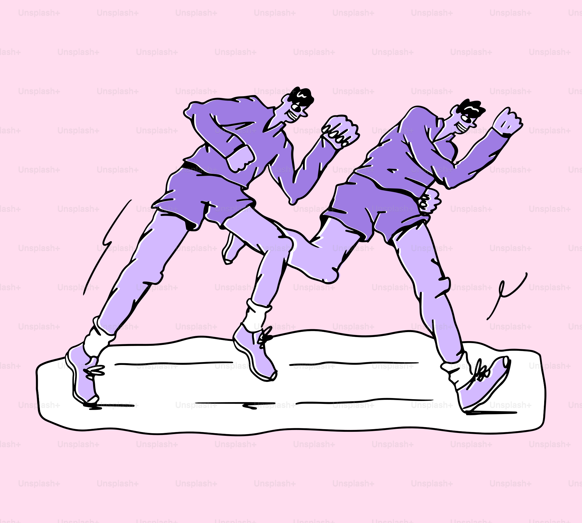 Two men running in athletic wear on pink background