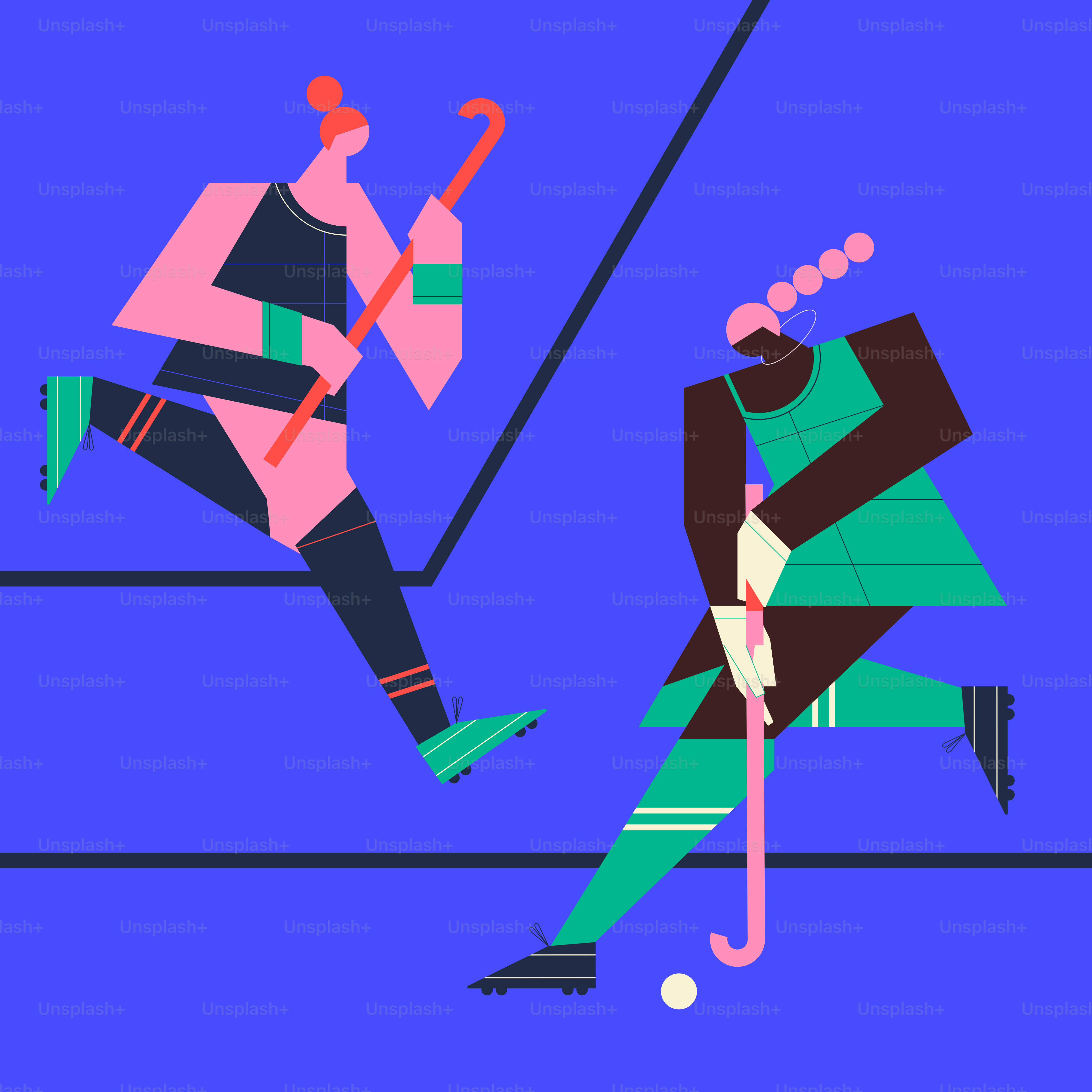 Dos mujeres jugando hockey sobre hierba sobre fondo azul