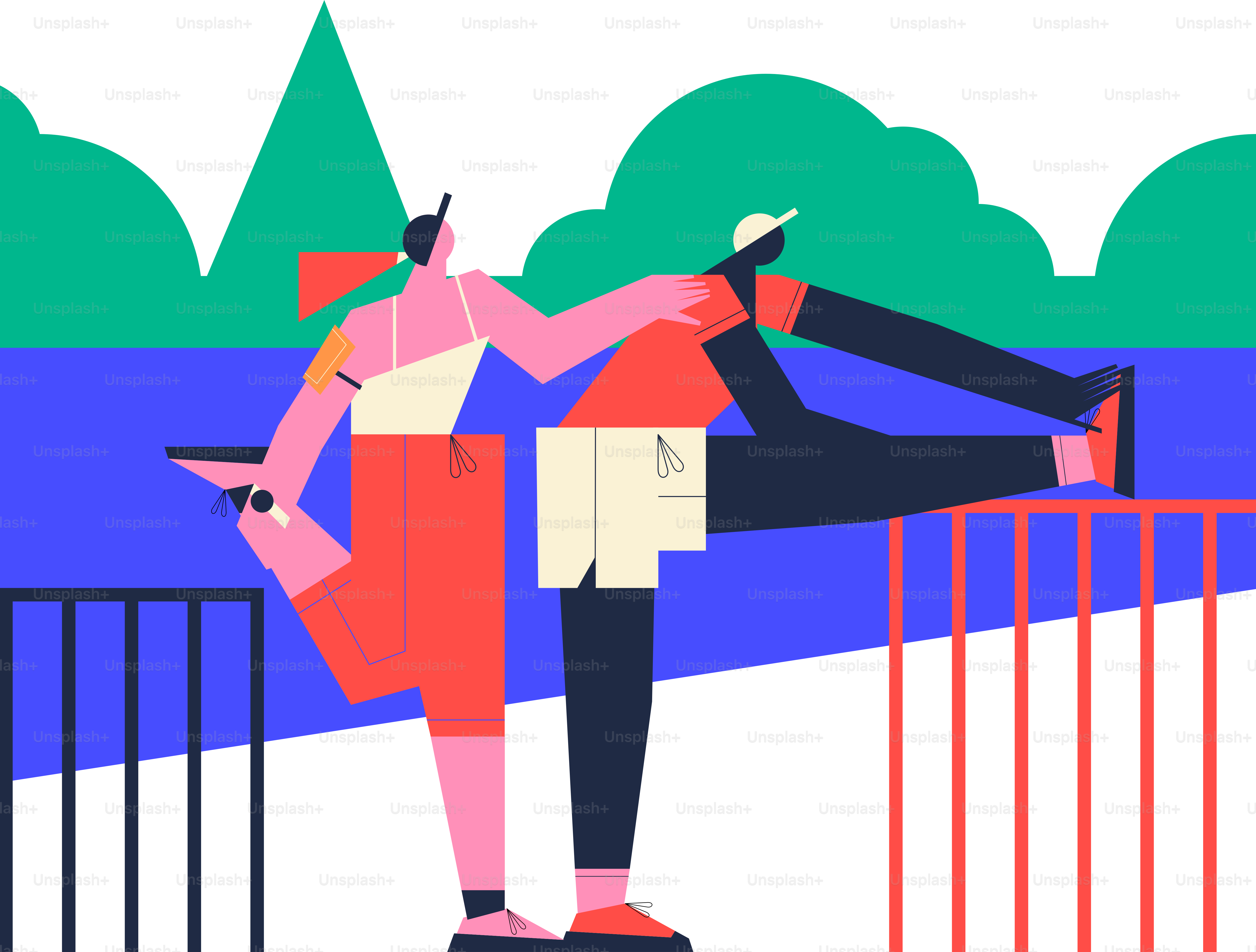 Two people stretching outdoors with abstract background