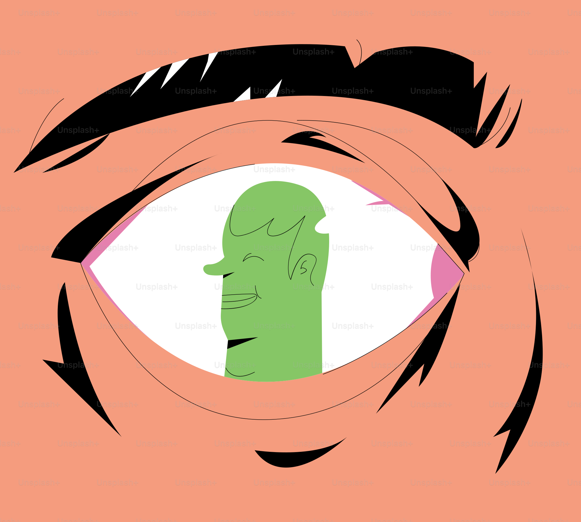 Green cartoon head reflected in a stylized eye.