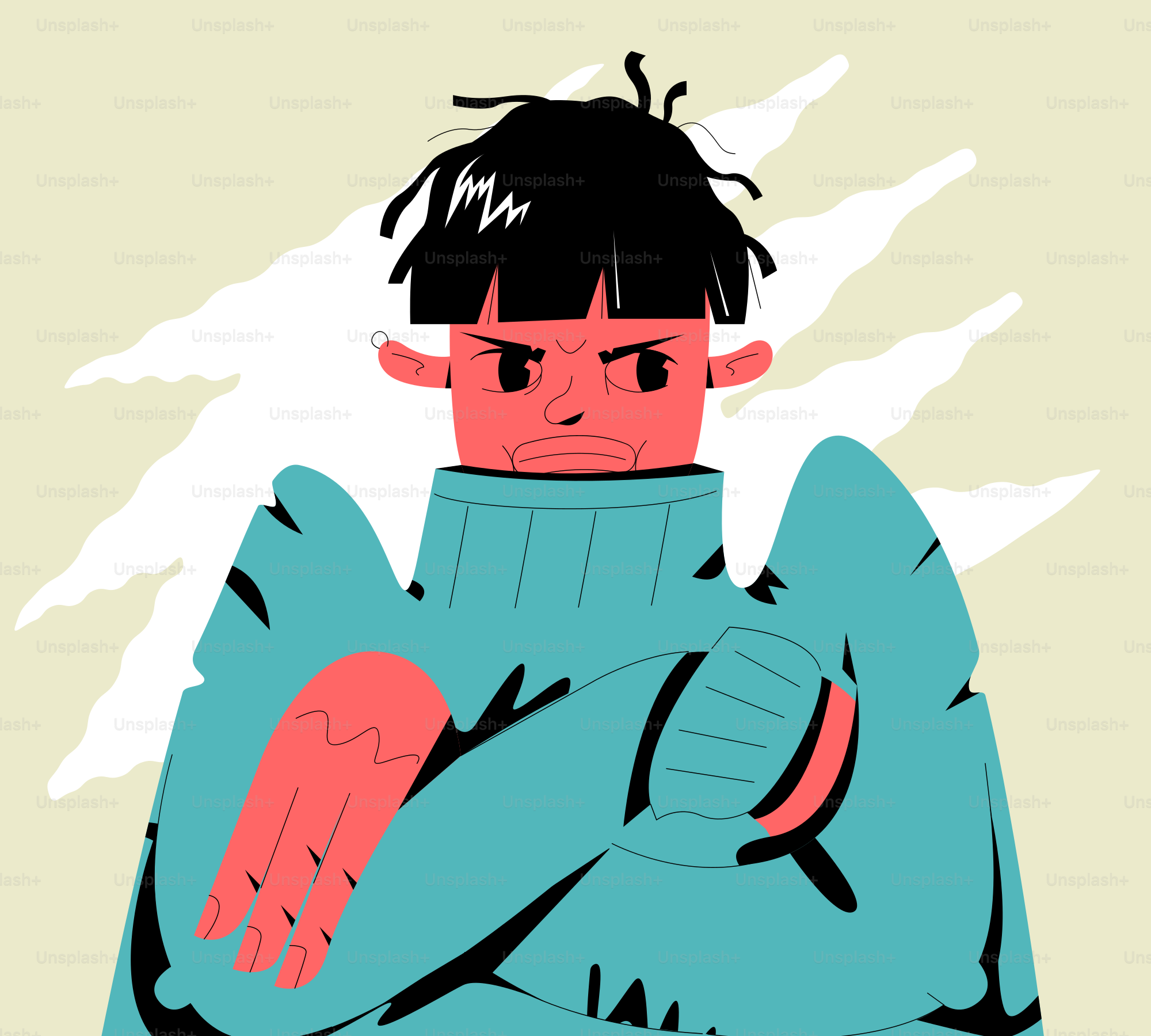 An angry person in a teal sweater with arms crossed.