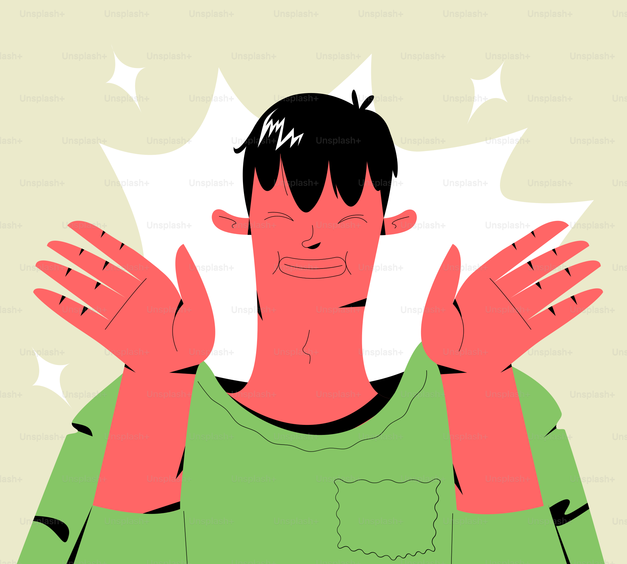 Una persona con manos rojas y camisa verde sonríe.