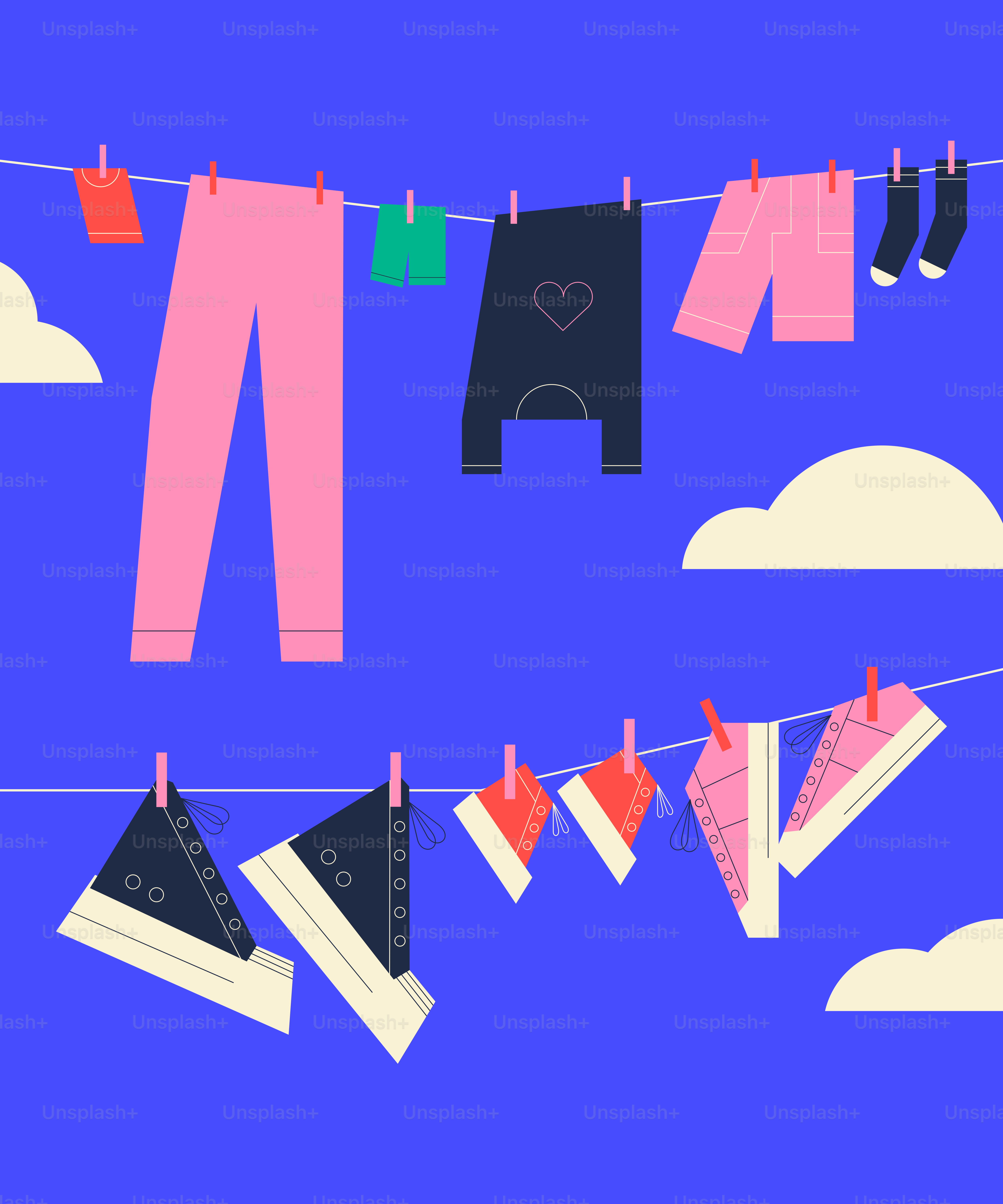Clothes and shoes drying on a clothesline