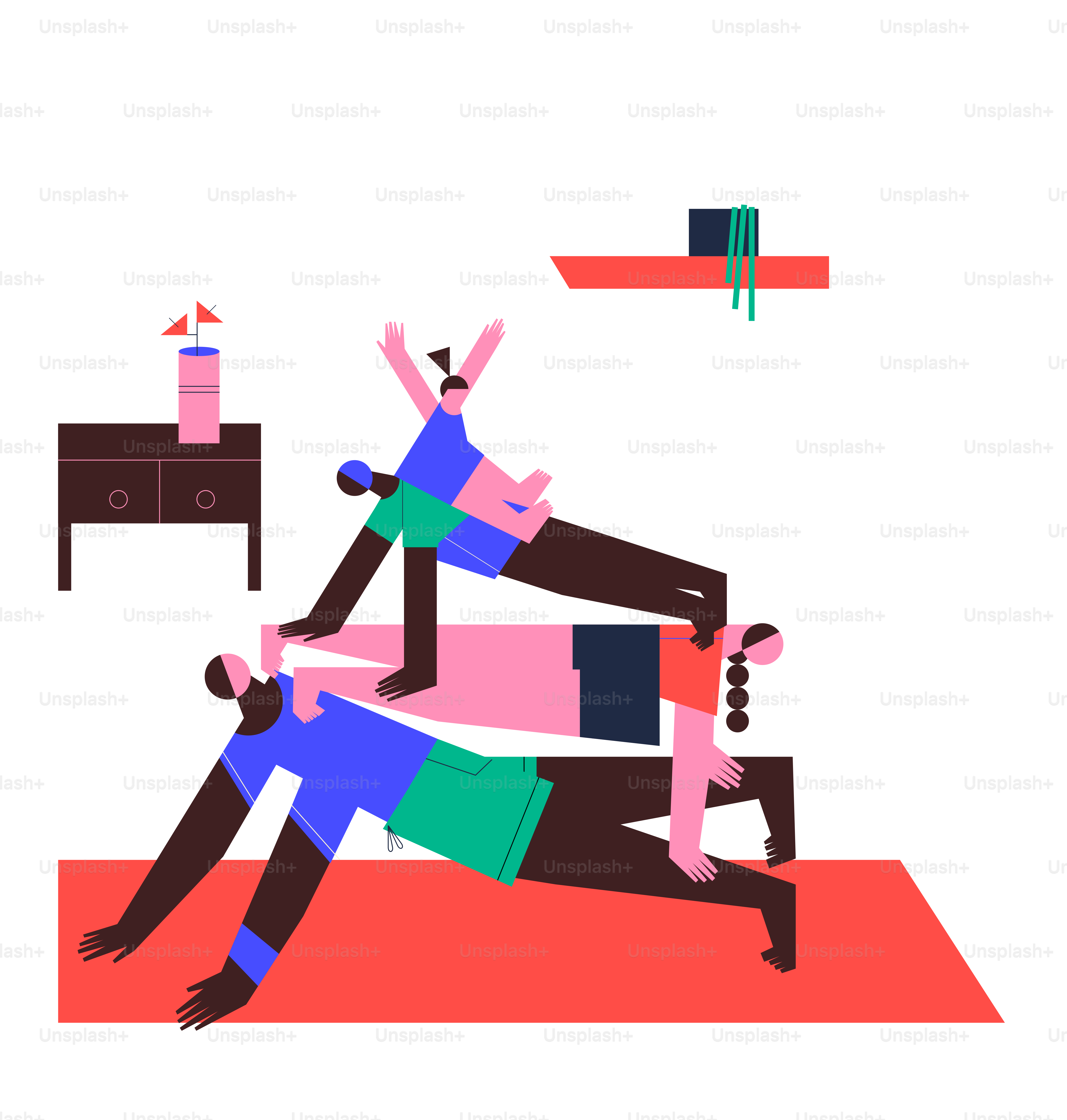 People forming a human pyramid on a yoga mat.