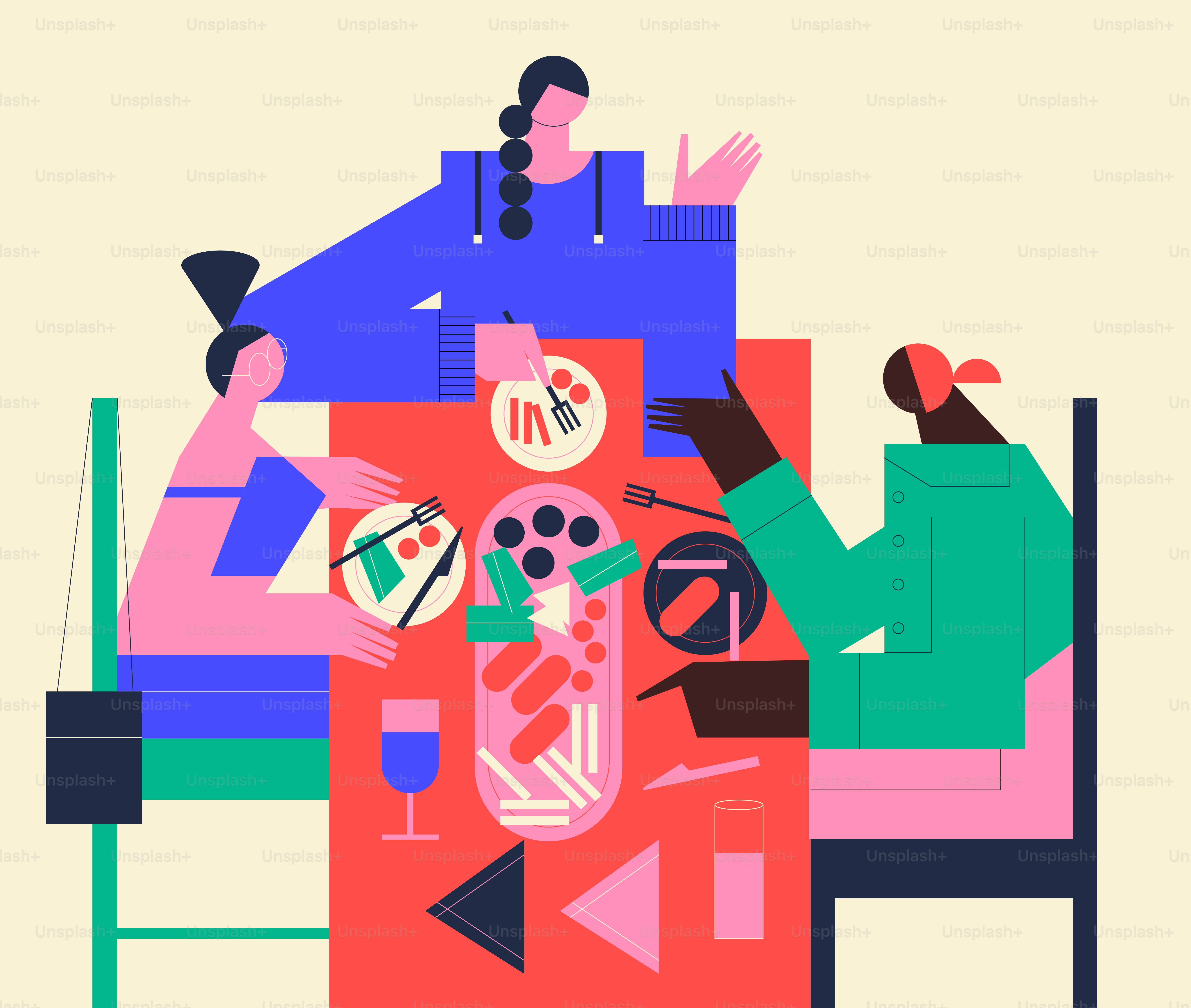 Three people gathered around a table with food.