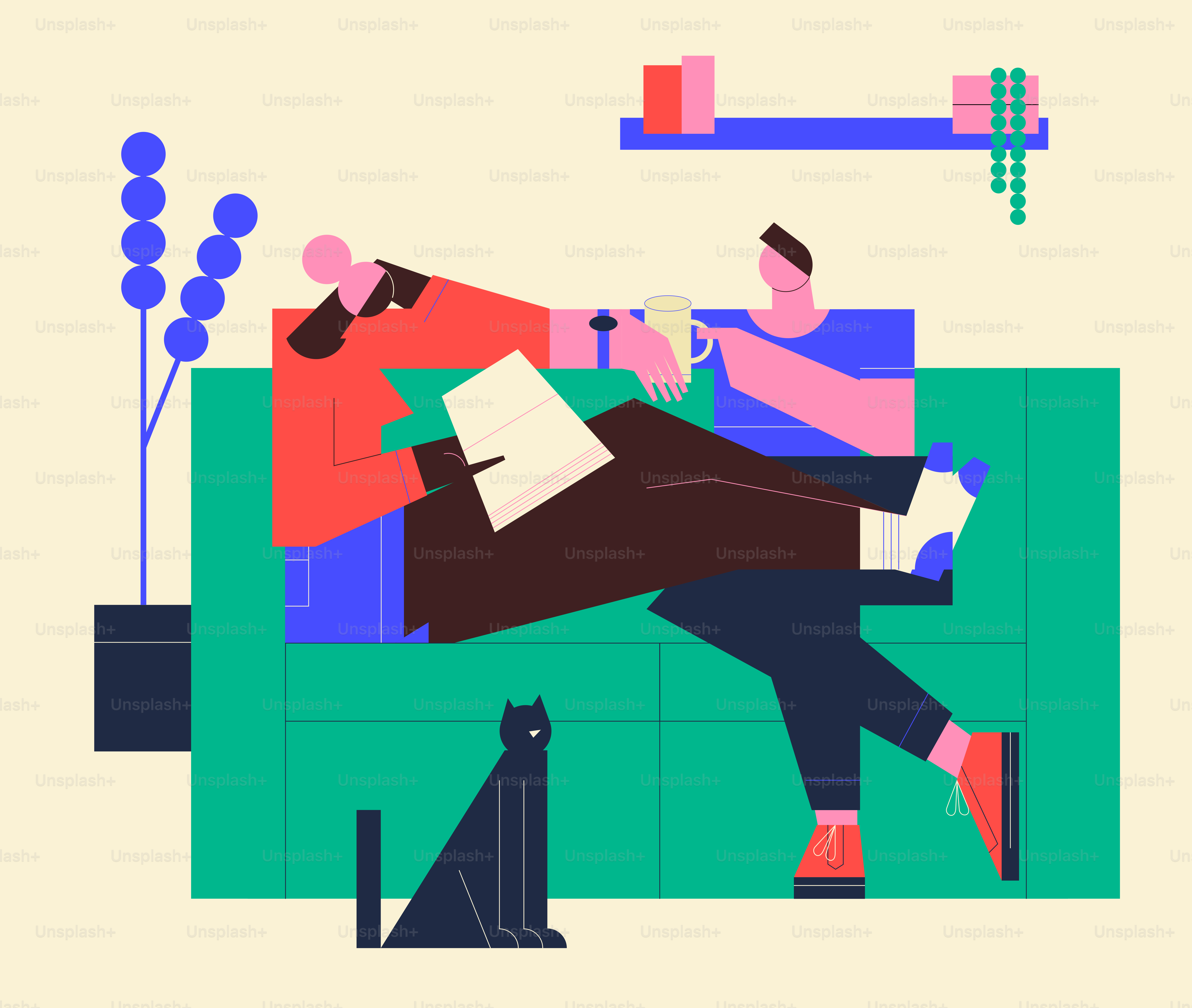 Two people relaxing on a sofa with a cat.