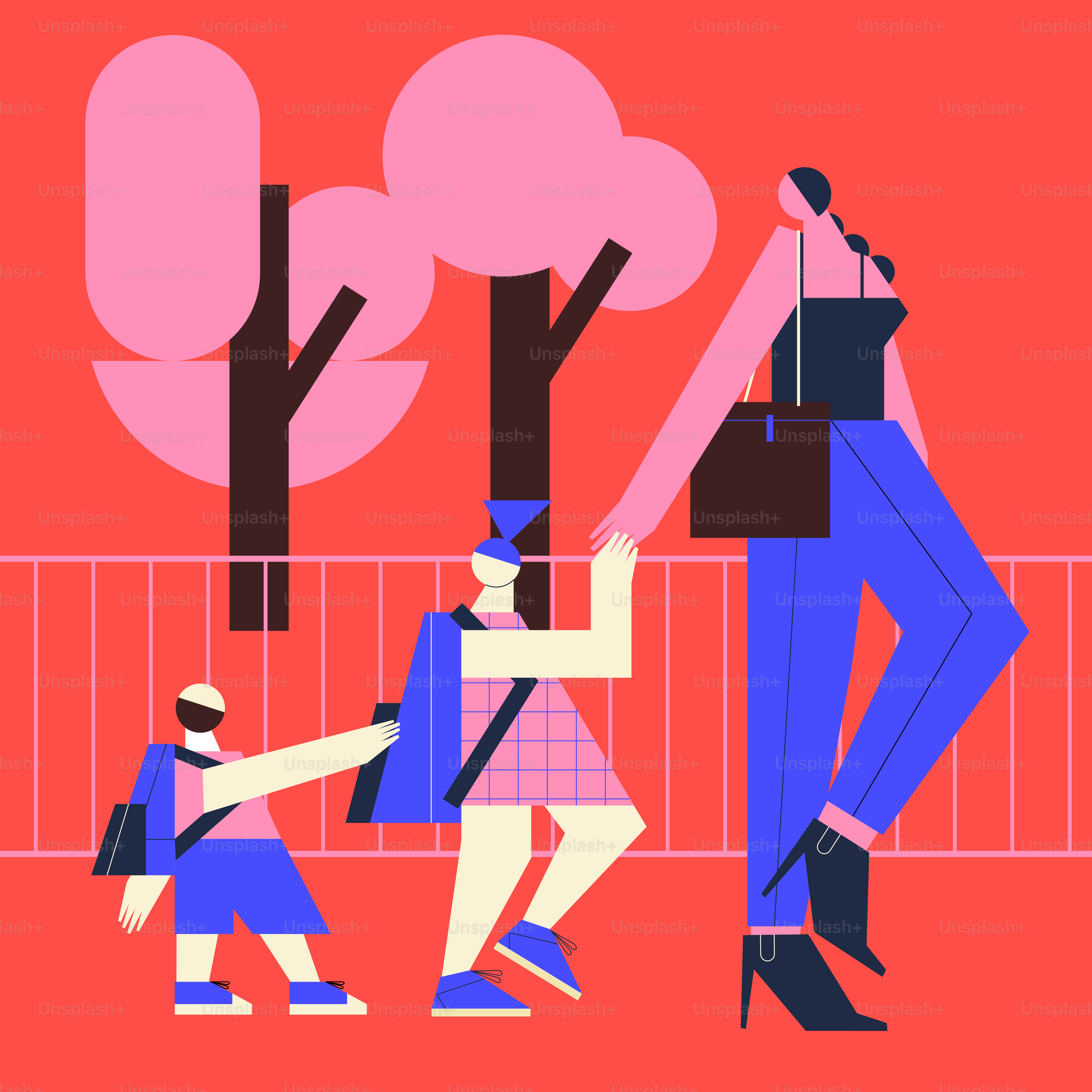 Woman holding hands with two children walking