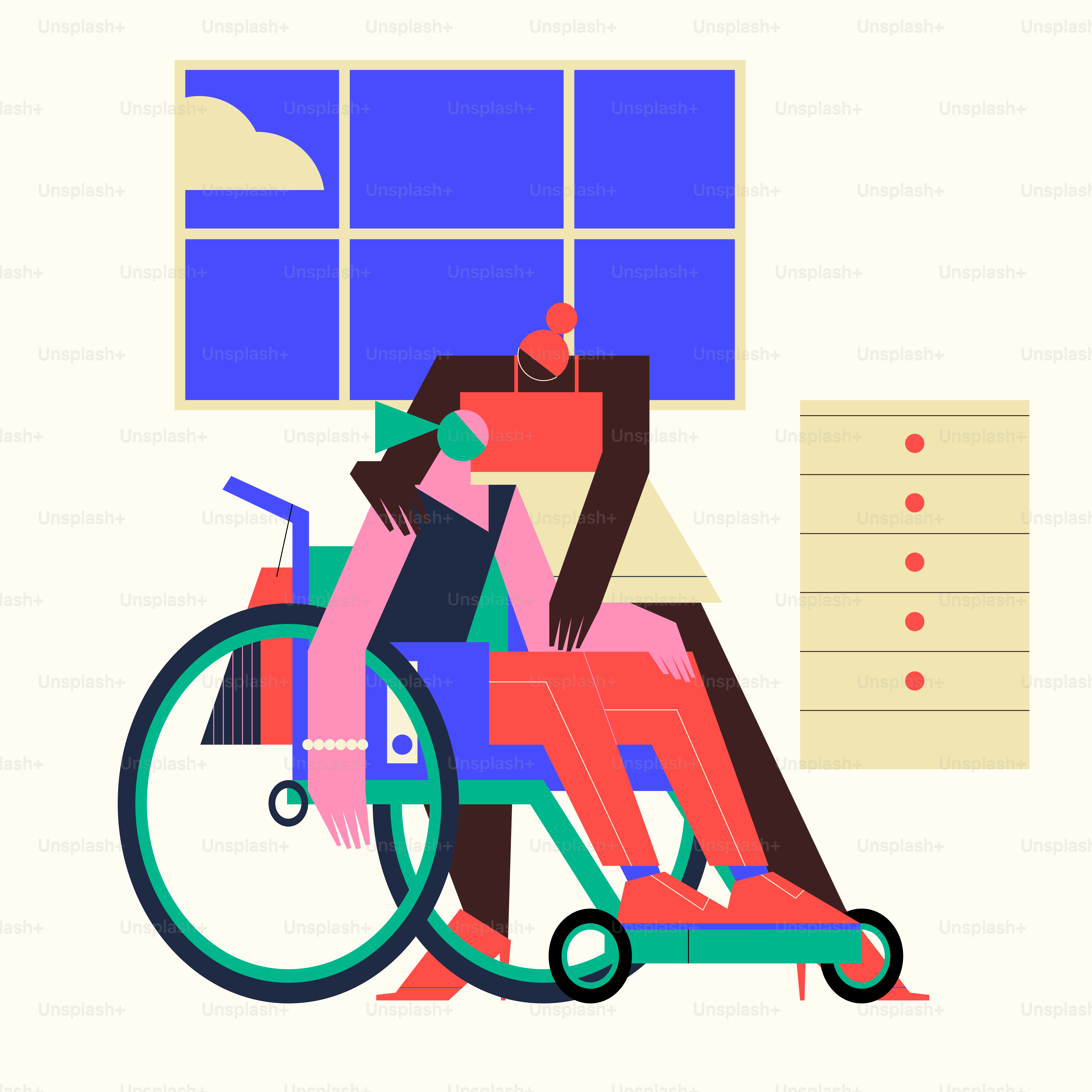 Two people in a wheelchair by a dresser.