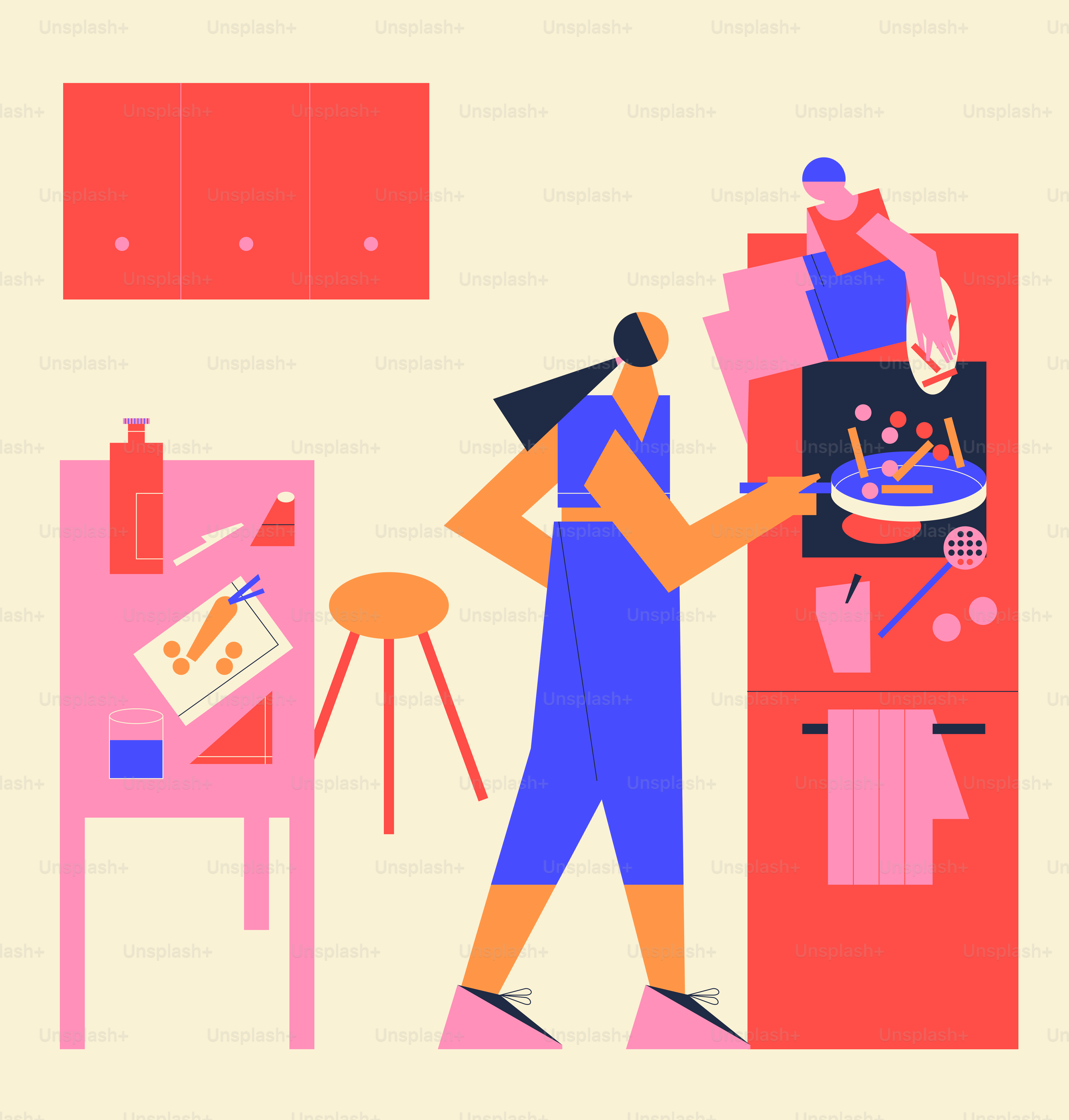 People preparing food in a colorful kitchen