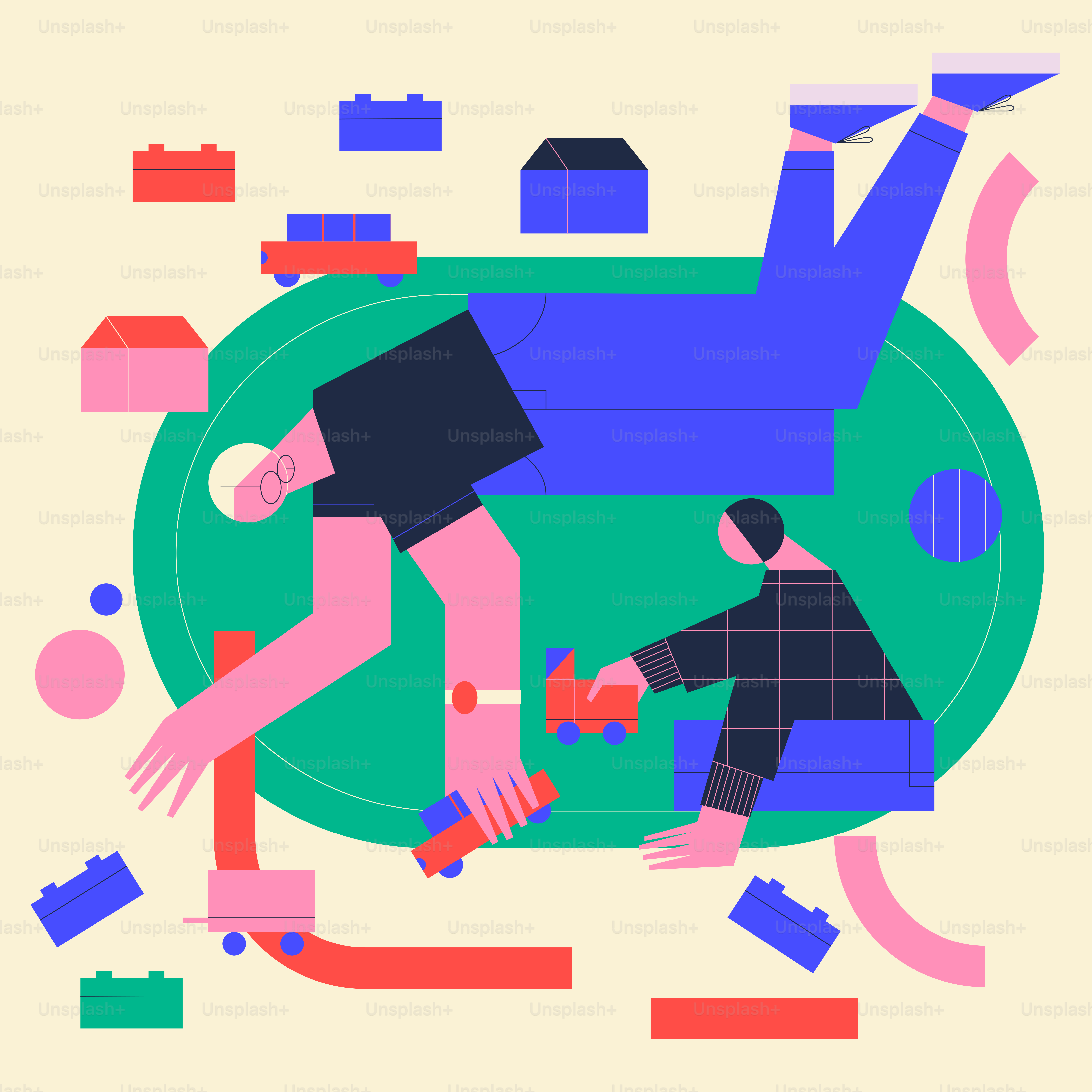 Dos personas jugando con bloques de construcción coloridos y coches de juguete