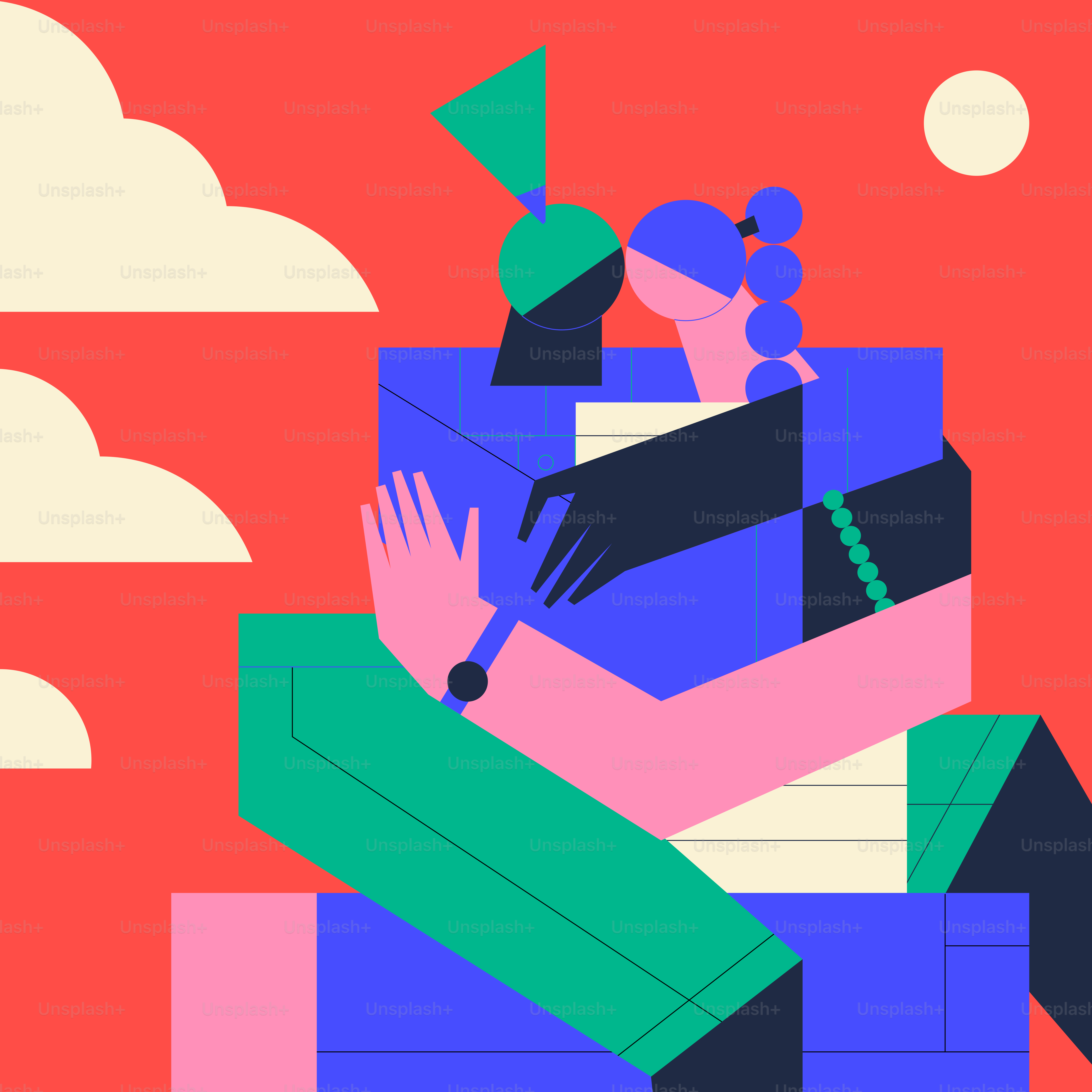 赤い背景を背景に抱き合う二人の抽象的な人物